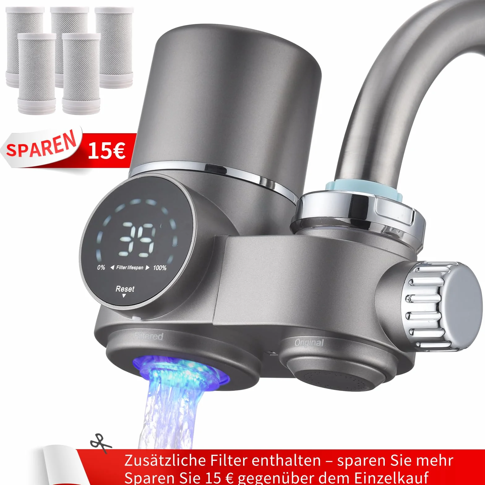 HOMELODY Filtr do wody kran z niebieskim światłem, 5 filtrów w zestawie, usuwa chlor, metale ciężkie i kamień, 12 x adapter