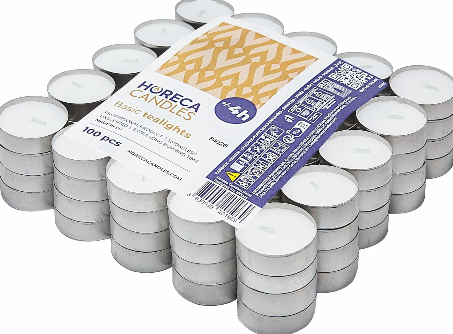 Horeca Candles - Świeczki Tealight - 4 Godziny Palenia - Zestaw 100 Białych Świeczek Tealightowych - Bez zapachu - Podgrzewacze Świeczki na Ślub, Dekoracje, Imprezę