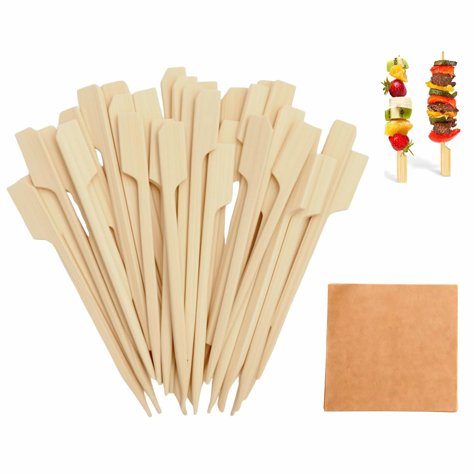 TNSLAND 200 szt. bambusowych szaszłyków 9 cm + 50 papierów absorbujących olej, szaszłyki do przekąsek, szaszłyków koktajlowych do przystawek, szaszłyków owocowych, szaszłyków do hamburgerów, na