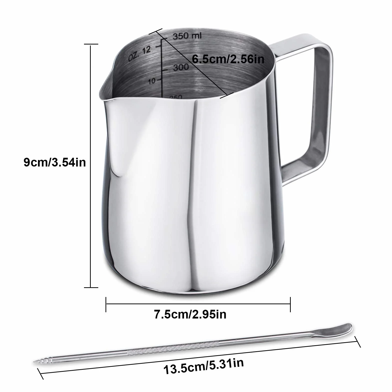 Dzbanek na mleko ze stali nierdzewnej, 350 ml, z pomiarem Mark i Latte Art, srebrny, mały dzbanek do spieniacza do mleka Barista dzbanek do spieniania espresso cappuccino