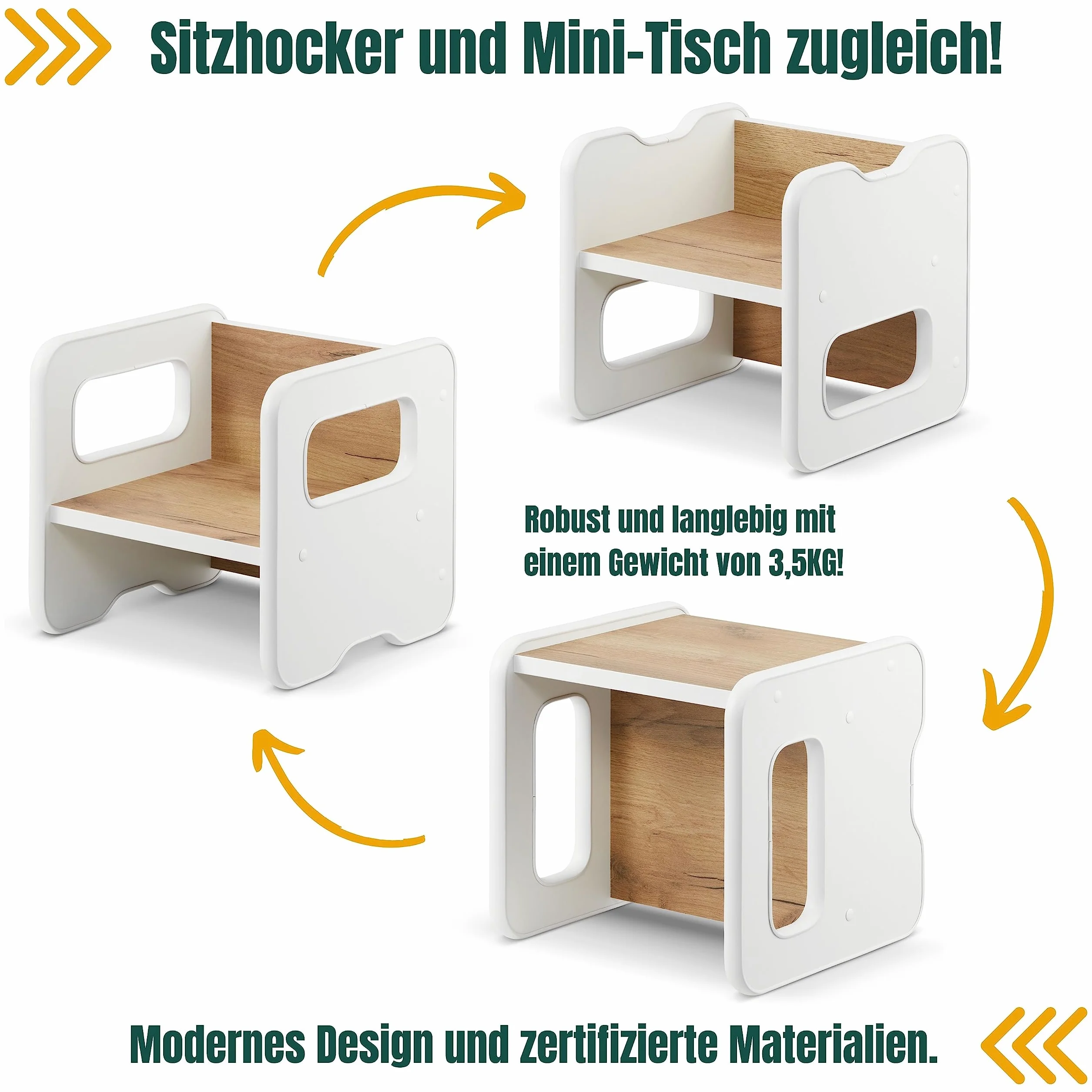 defiPad Taboret do siedzenia dla dzieci | stylowy taboret dwustronny | fotel dziecięcy od 1 roku życia | krzesło dziecięce z drewna | krzesło można przekształcić w stół | pokój dziecięcy Montessori |