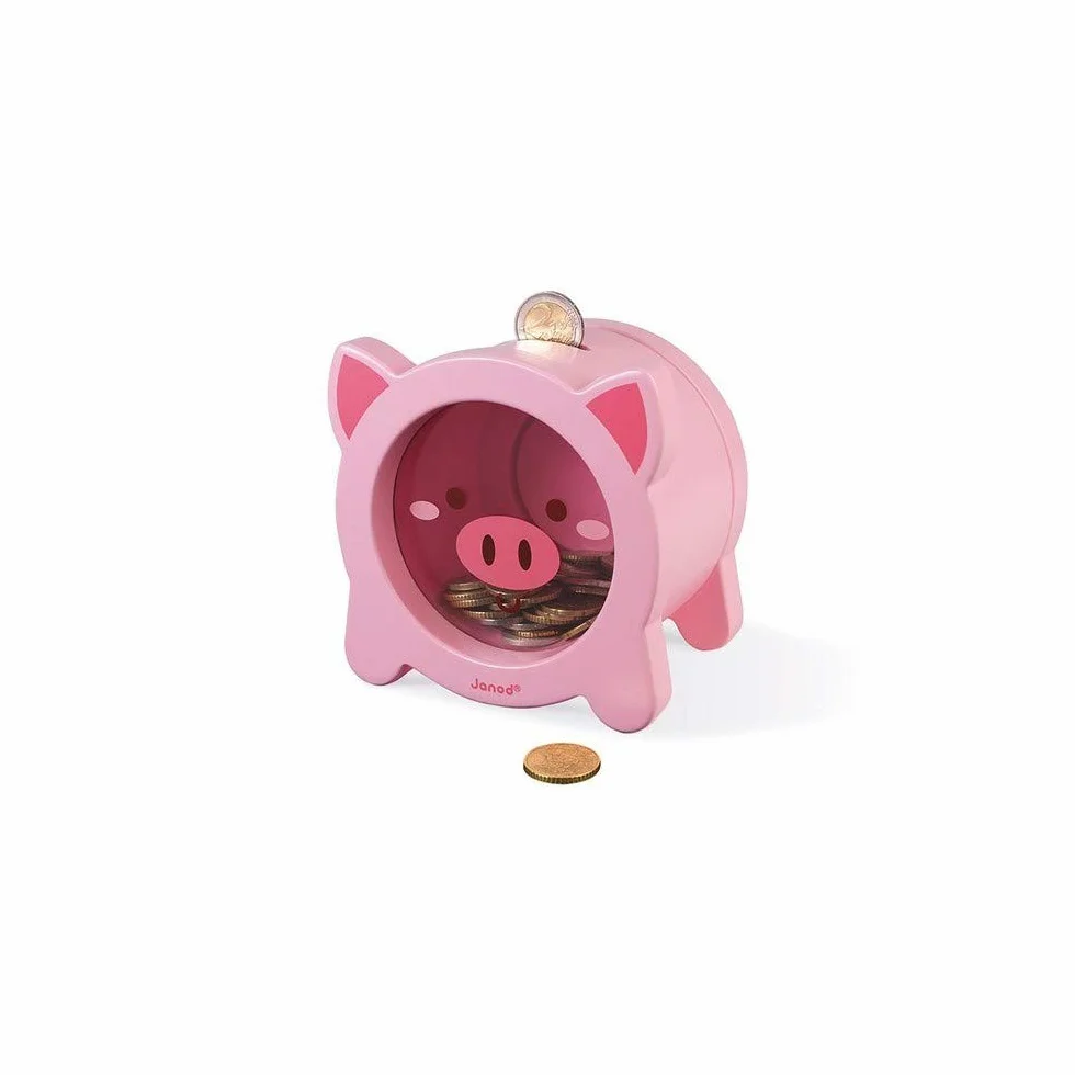 Janod - Wooden Children’s Piggy Bank 5.9 inch - See-Through Side and Magnetic Opening - Children's Room Decoration - Suitable for Ages 3 and Up, J04653