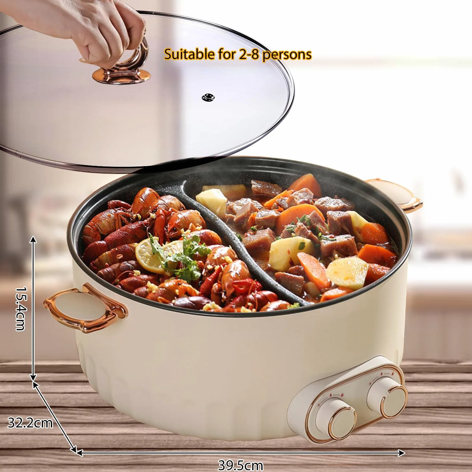 Hotpot elektryczny garnek 6L, 2000 W, przenośna, wielofunkcyjna, nieprzywierająca patelnia z szybkim ogrzewaniem i podwójnym pokrętłem, do mieszkania, na kemping