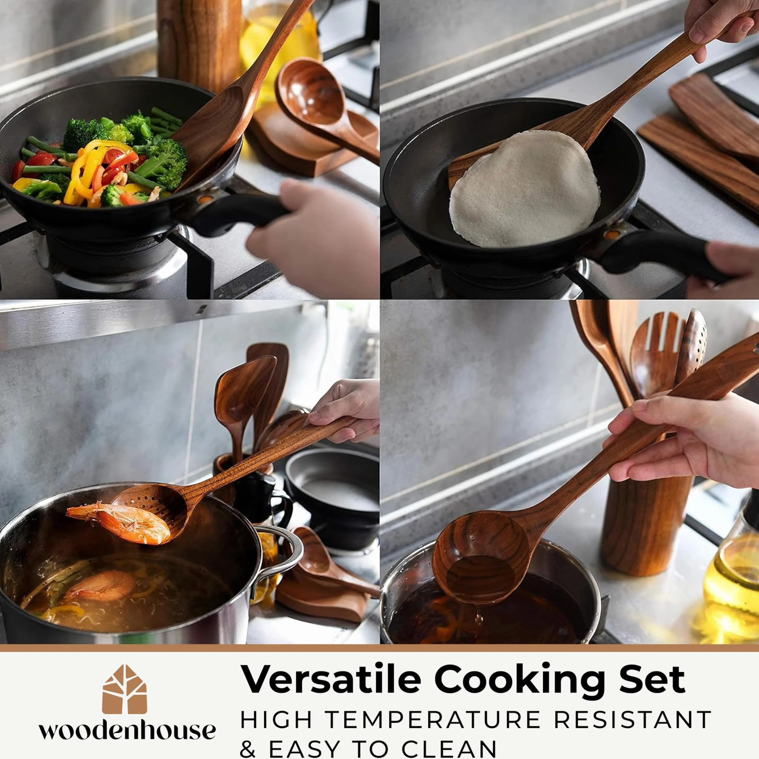 Teak Wooden Spoons for Cooking Set with Holder - 12pcs Nonstick Kitchen Utensils by Woodenhouse