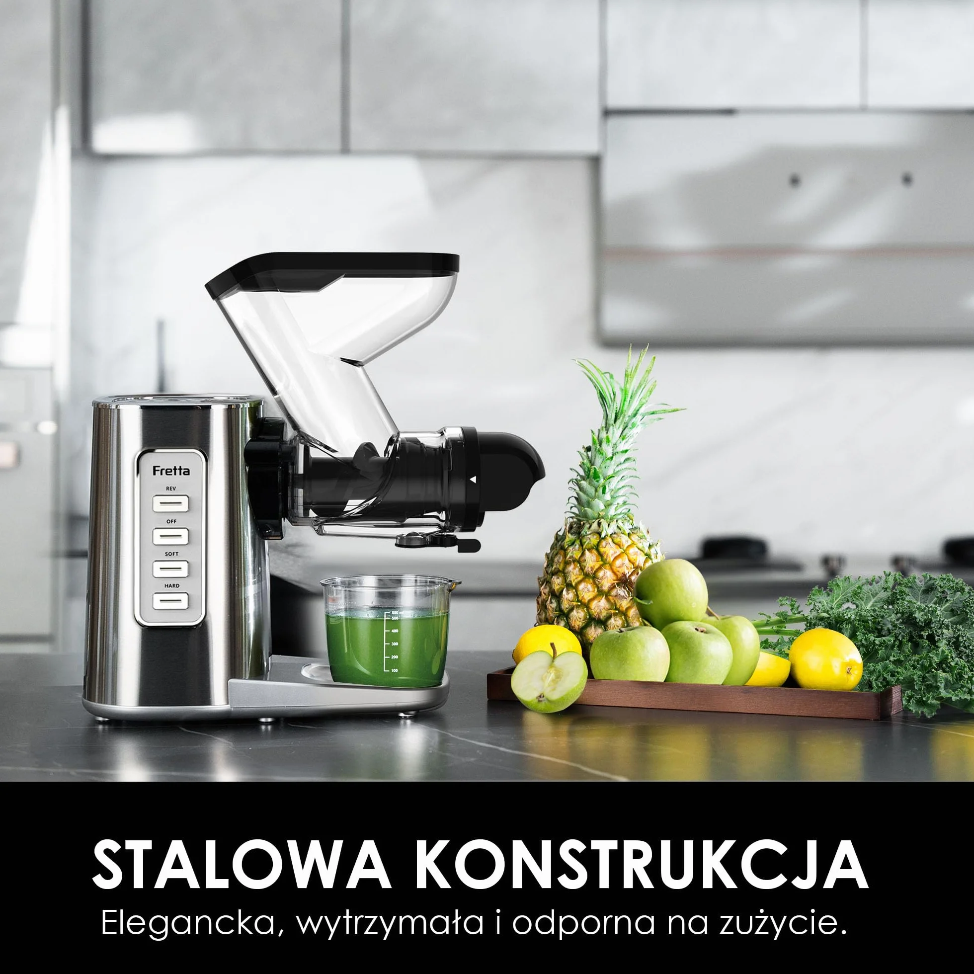 Fretta Wyciskarka Wolnoobrotowa Cold Press Stal Nierdzewna 200W Szeroki Otwór 76mm Bez BPA