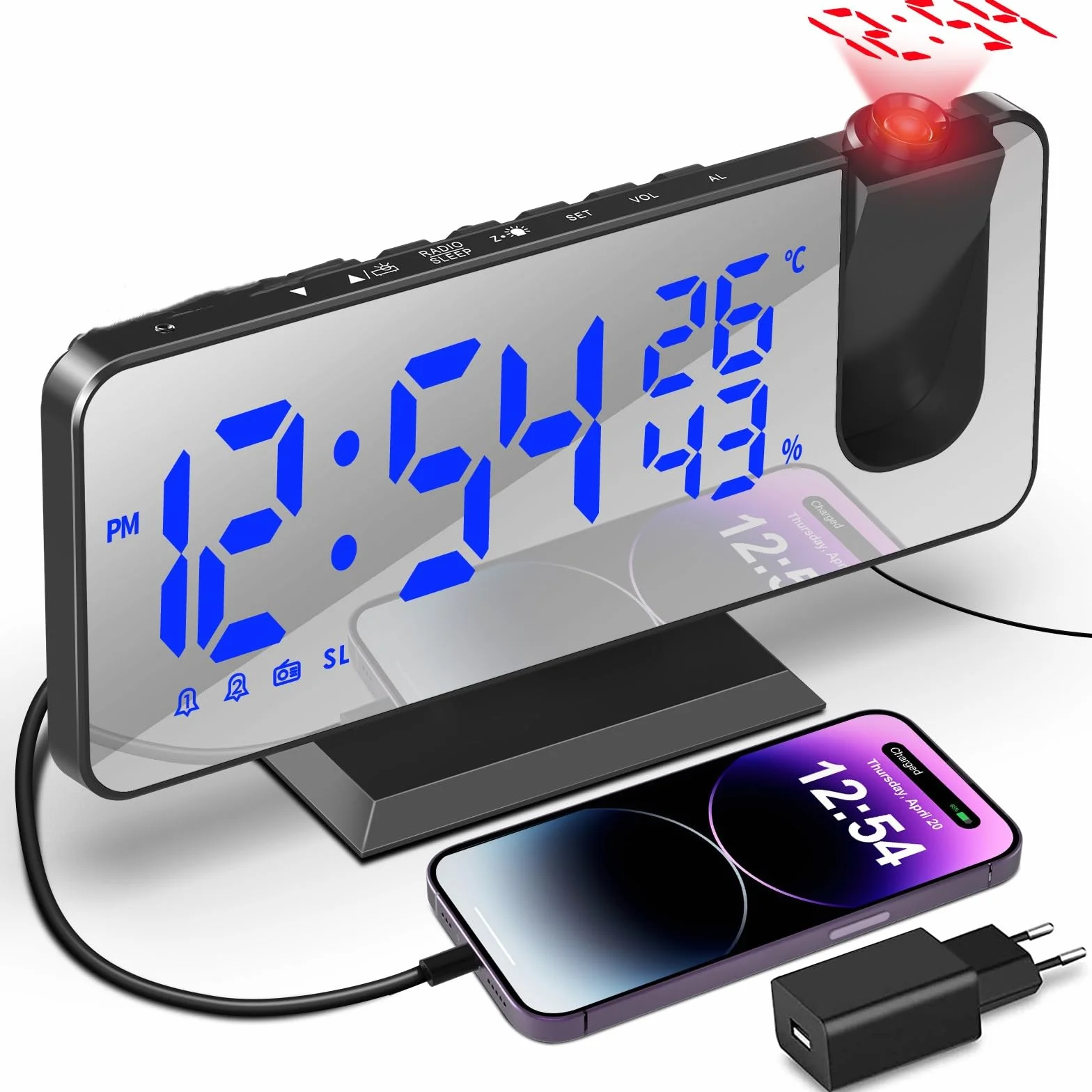 TAKRINK budzik cyfrowy, budzik radiowy z 4 poziomami jasności ekranu, budzik projekcyjny z wyświetlaniem temperatury, z projekcją, podwójny alarm 12/24 h, port USB