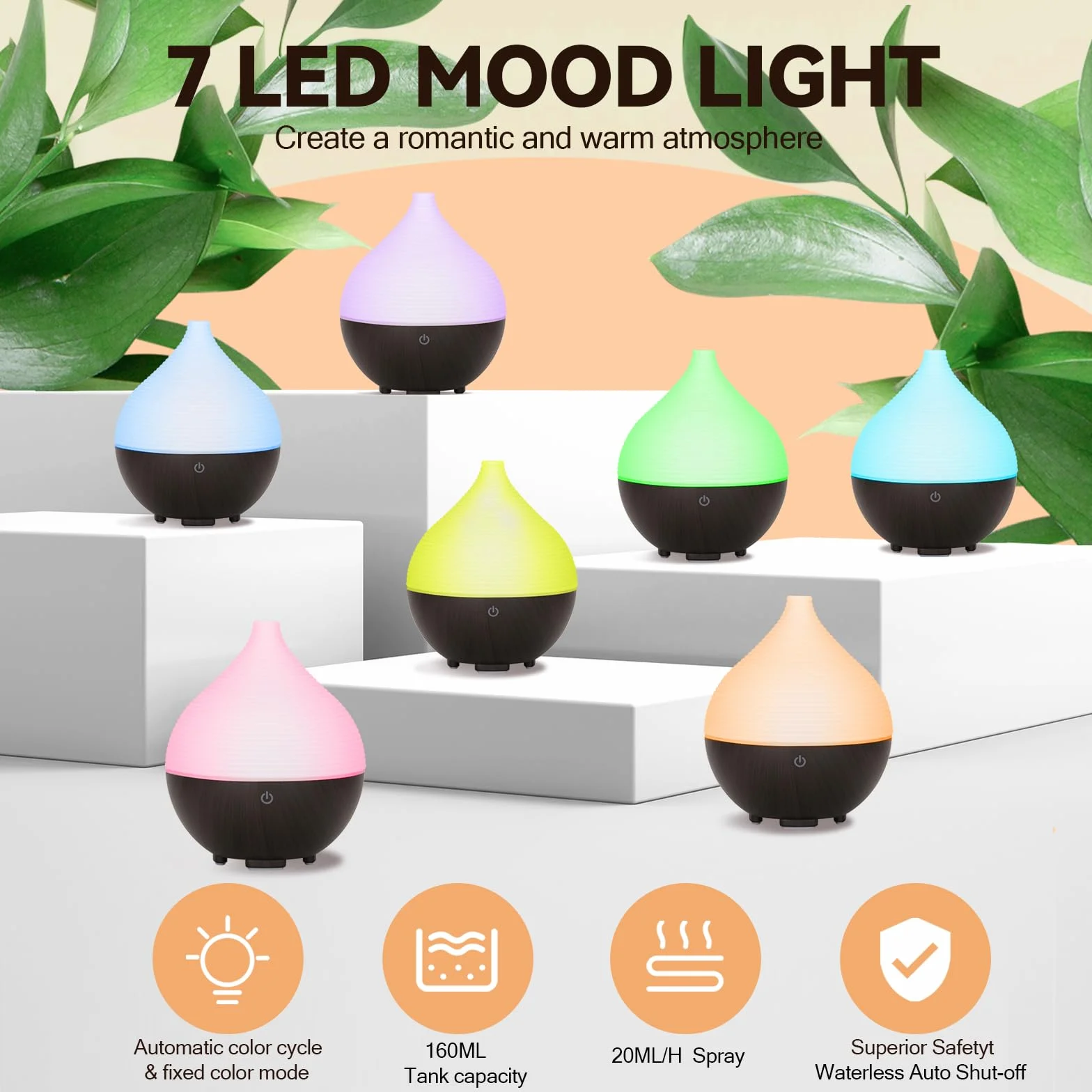 Dyfuzor olejków eterycznych 160 ml, nawilżacze LED w 7 kolorach, dyfuzor z automatycznym wyłączaniem, ultradźwiękowy dyfuzor do aromaterapii do salonu, sypialni, jogi, masażu