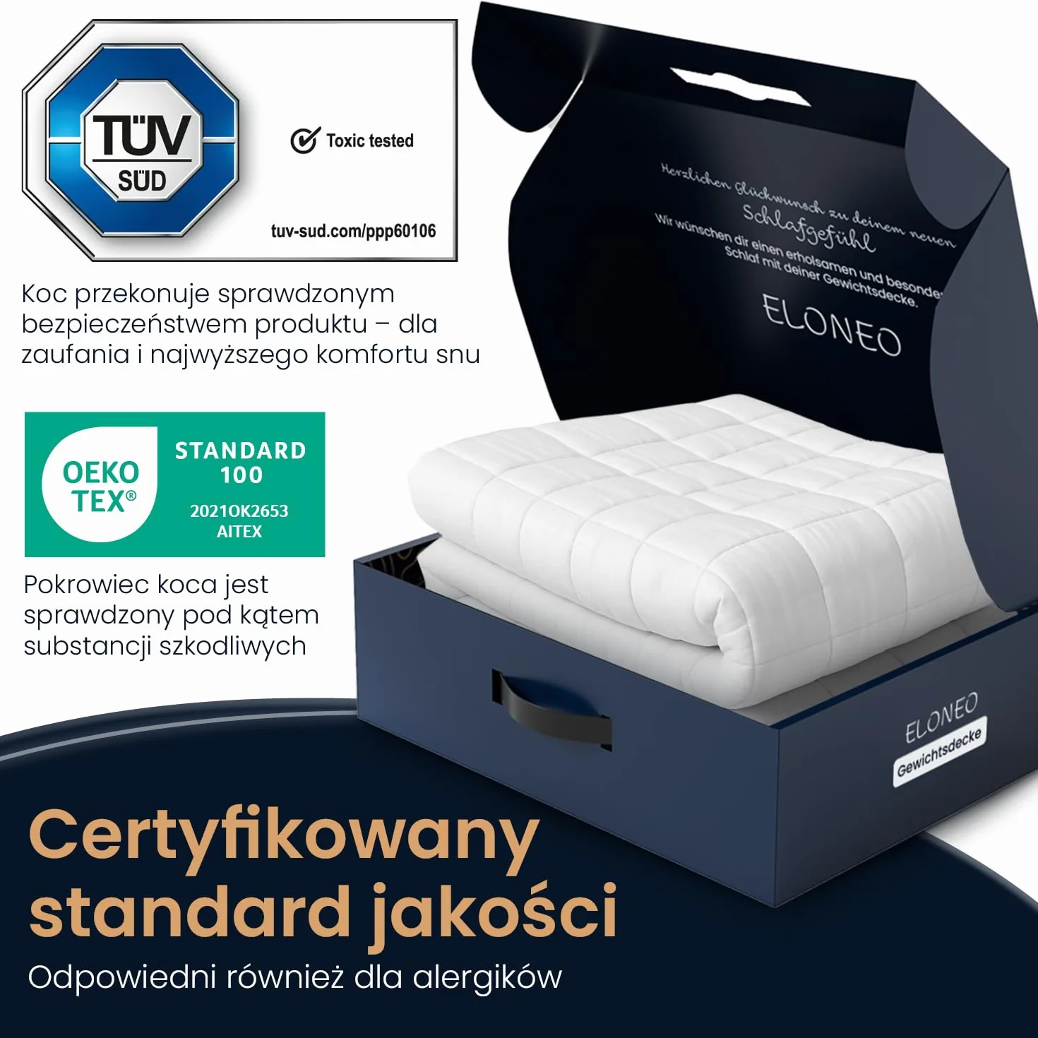 ELONEO koc obciążeniowy 200x200 cm o wadze 11 kg, z certyfikatami TÜV i Oeko-Tex, weighted blanket z 100% bawełny, koc relaksacyjny i terapeutyczny przeciw stresowi, ciężki koc do spania