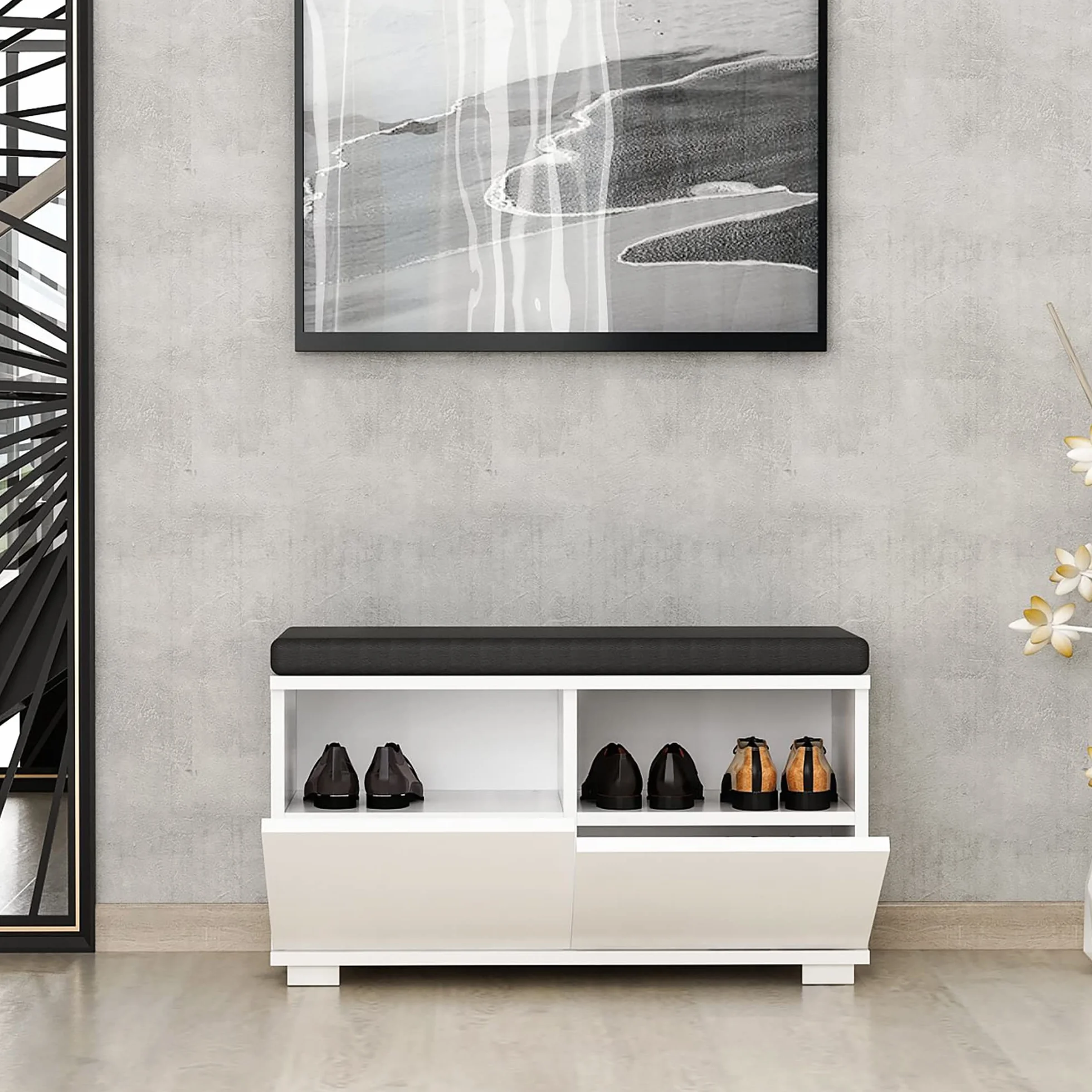 [en.casa] Szafka na buty z 4 półkami, ławka do siedzenia z siedziskiem 42 x 80 x 35 cm, szafka na buty z poduszką do siedzenia, biała