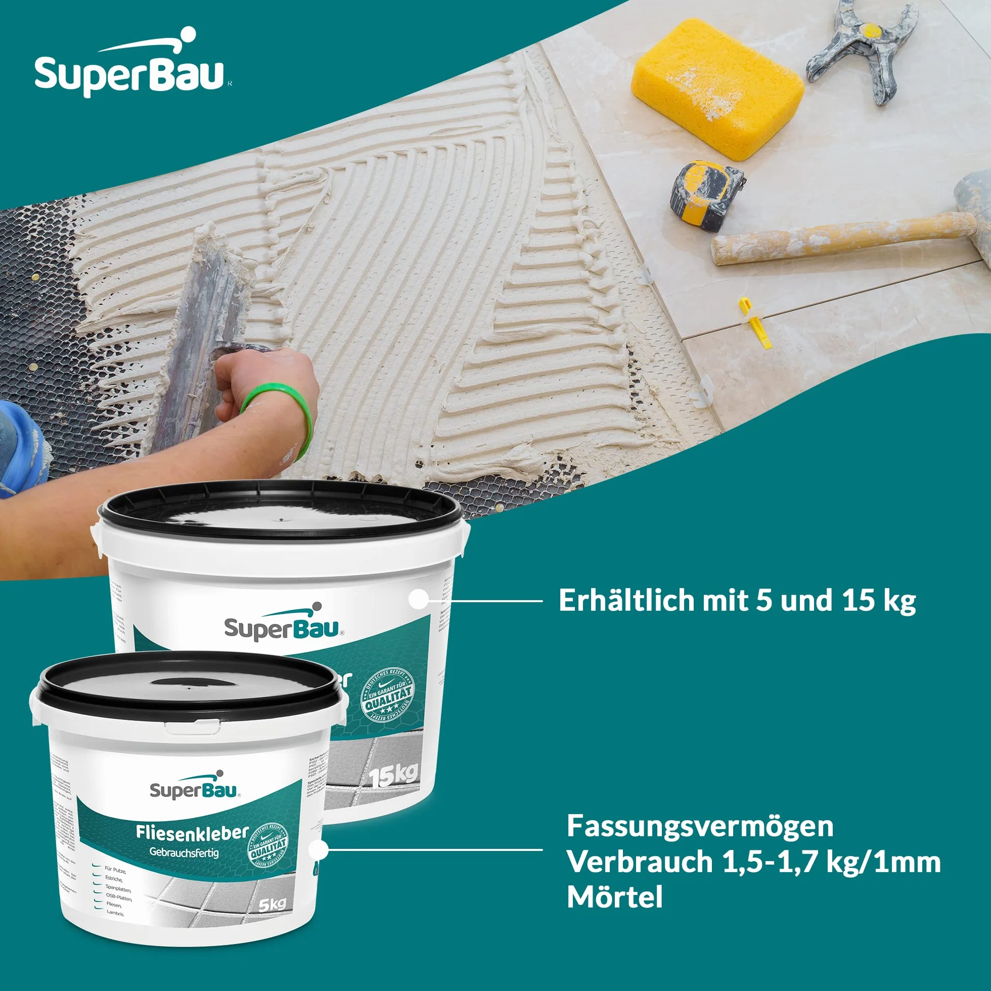 Gotowy do użycia klej dyspersyjny (5 kg ok. 3 m²) do płytek, zaprawa elastyczna, do terakoty, porcelany, płytek glinianych, mozaikowych, płytek, gotowy do trudnych podłoży, gotowy do domu