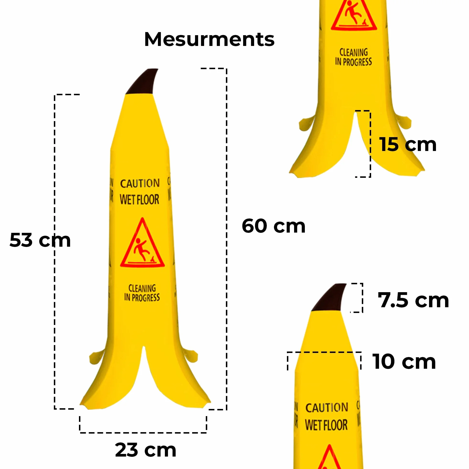 Ostrzeżenie o mokrej podłodze stożek bananowy 60 cm, widok z 4 stron, mokra podłoga znak dla bezpieczeństwa, żółty, łatwo zauważalny plastikowy znak podłogowy do wewnątrz i na zewnątrz (3)