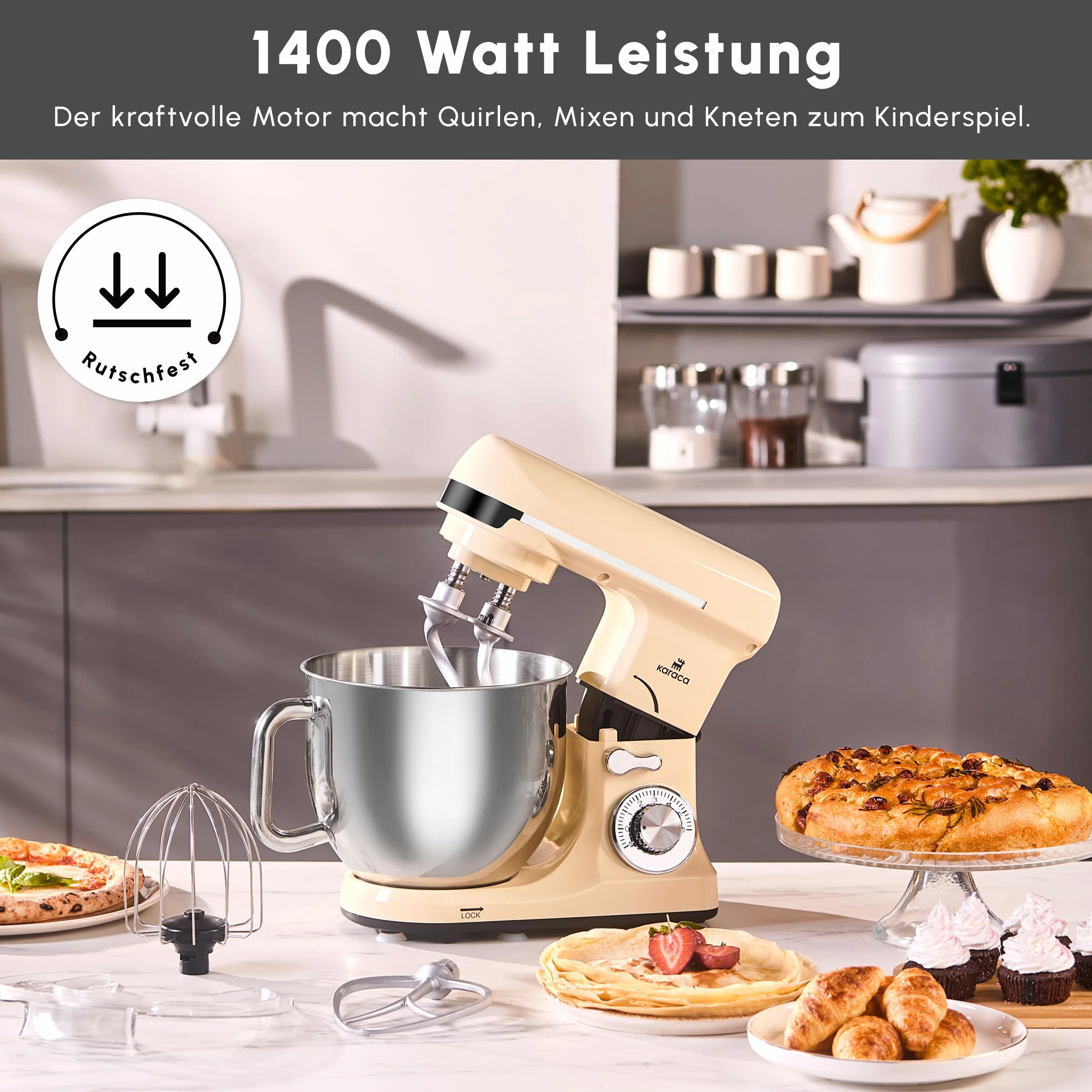 Karaca Blendburst mikser stojący, Iconic Beige – wydajne urządzenie kuchenne o mocy 1400 W i pojemności 5,7 l