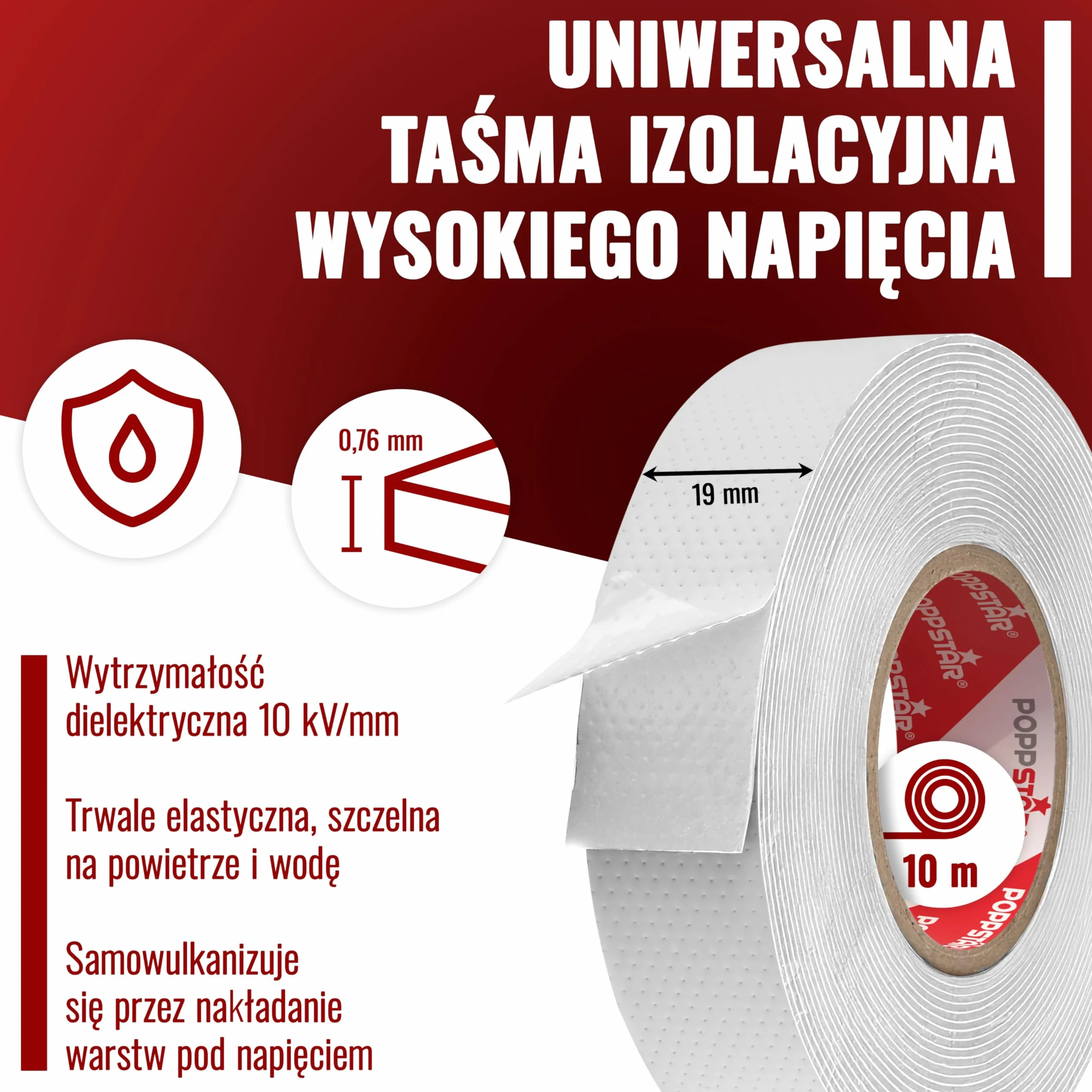 Poppstar samowulkanizująca taśma izolacyjna, uniwersalna, 10m x 19mm x 0,76mm, biała, 1 rolka