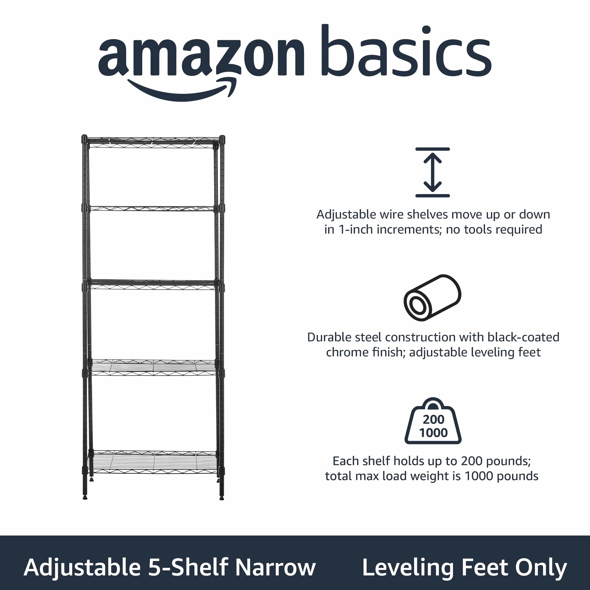 Amazon Basics Wąska szafka do przechowywania, z 5 półkami o regulowanej wysokości, z nóżkami poziomującymi, 60,1 x 35,6 x 152,4 cm (gł. x szer. x wys.), bez kółek