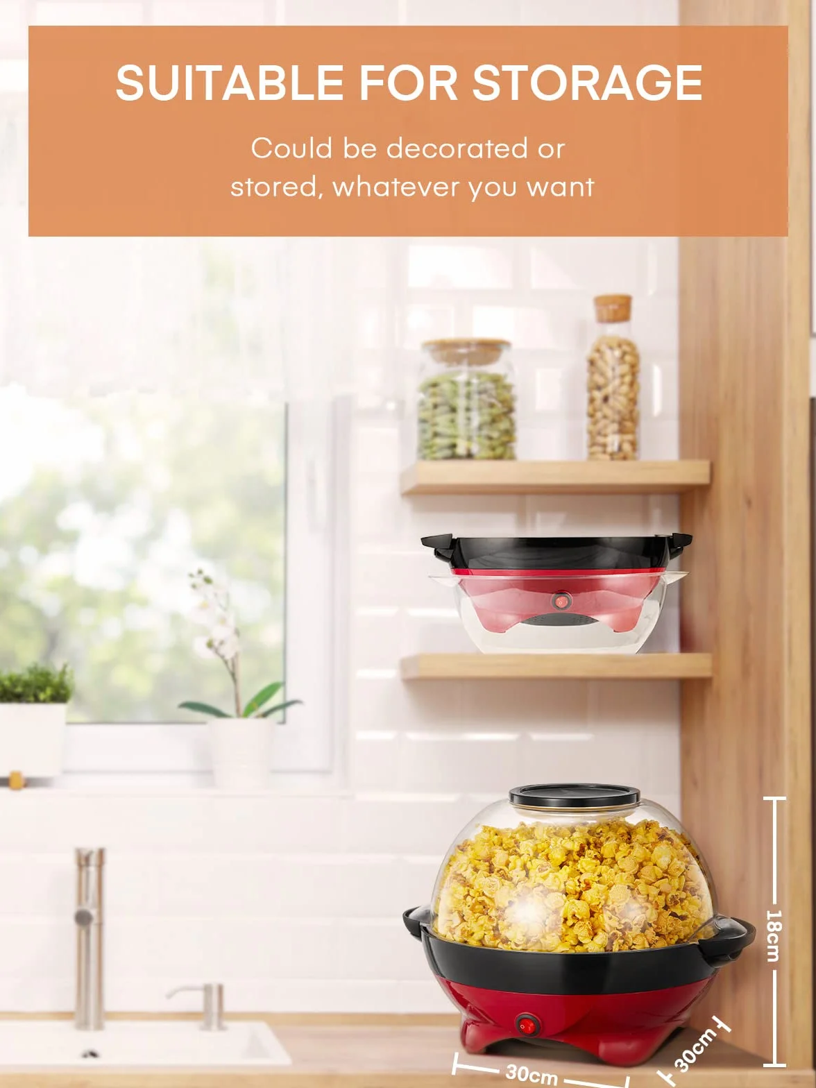 HOUSNAT maszyna do popcornu, duża pojemność 5,5 l, 800 W, z powłoką zapobiegającą przywieraniu i zdejmowaną powierzchnią grzewczą, cicha i szybka