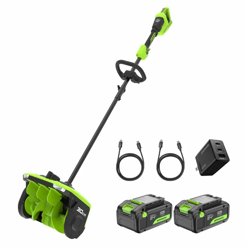 Greenworks 2 x 24 V (48 V) 30 cm bezszczotkowa łopata do śniegu ze światłem LED, kierunkowe sterowanie łopatkami, z (2) akumulatorami 4,0 Ah bez USB i szybką ładowarką 4 A z podwójnym portem