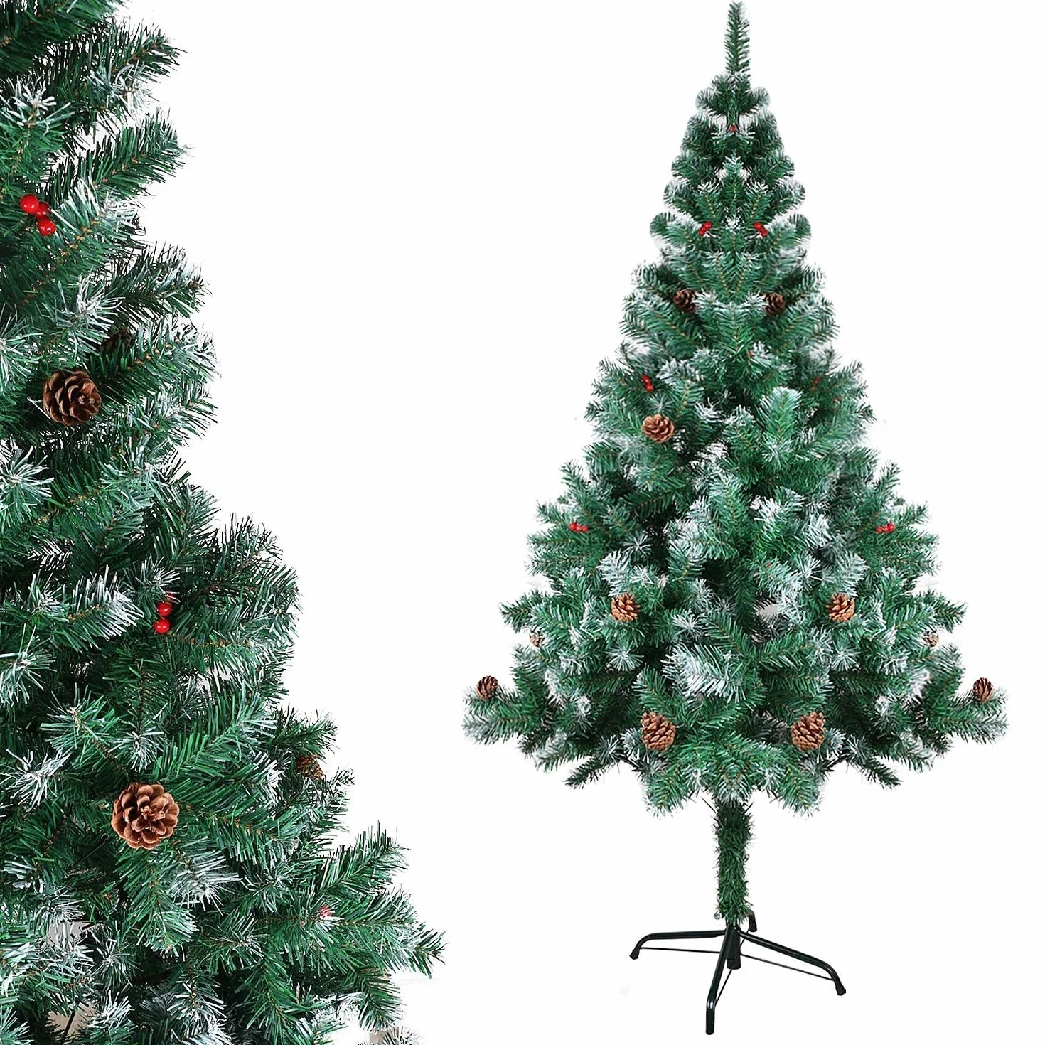 Sztuczna choinka z szyszkami sosnowymi i jagodami, przycinane gałązki choinki w zestawie metalowy stojak, choinka o wysokości 120 cm, trudnopalna