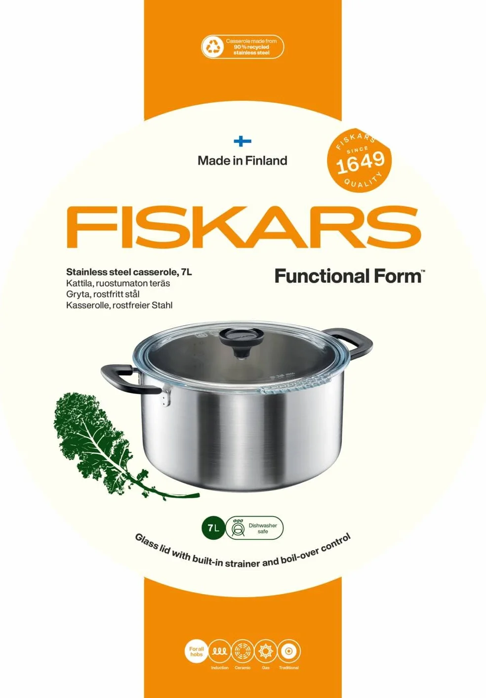 Fiskars Rondel z pokrywką 7 litrów Ø 28,5 cm Stal nierdzewna z recyklingu