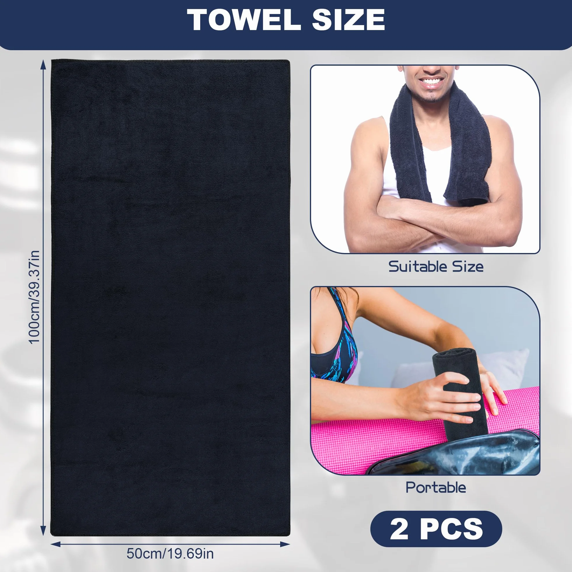Zestaw 2 ręczników sportowych do studia fitness, 100 x 50 cm, ręcznik z mikrofibry, przyjazny dla skóry, super chłonny, szybkoschnący, sportowy, z mikrofibry, do podróży, fitnessu