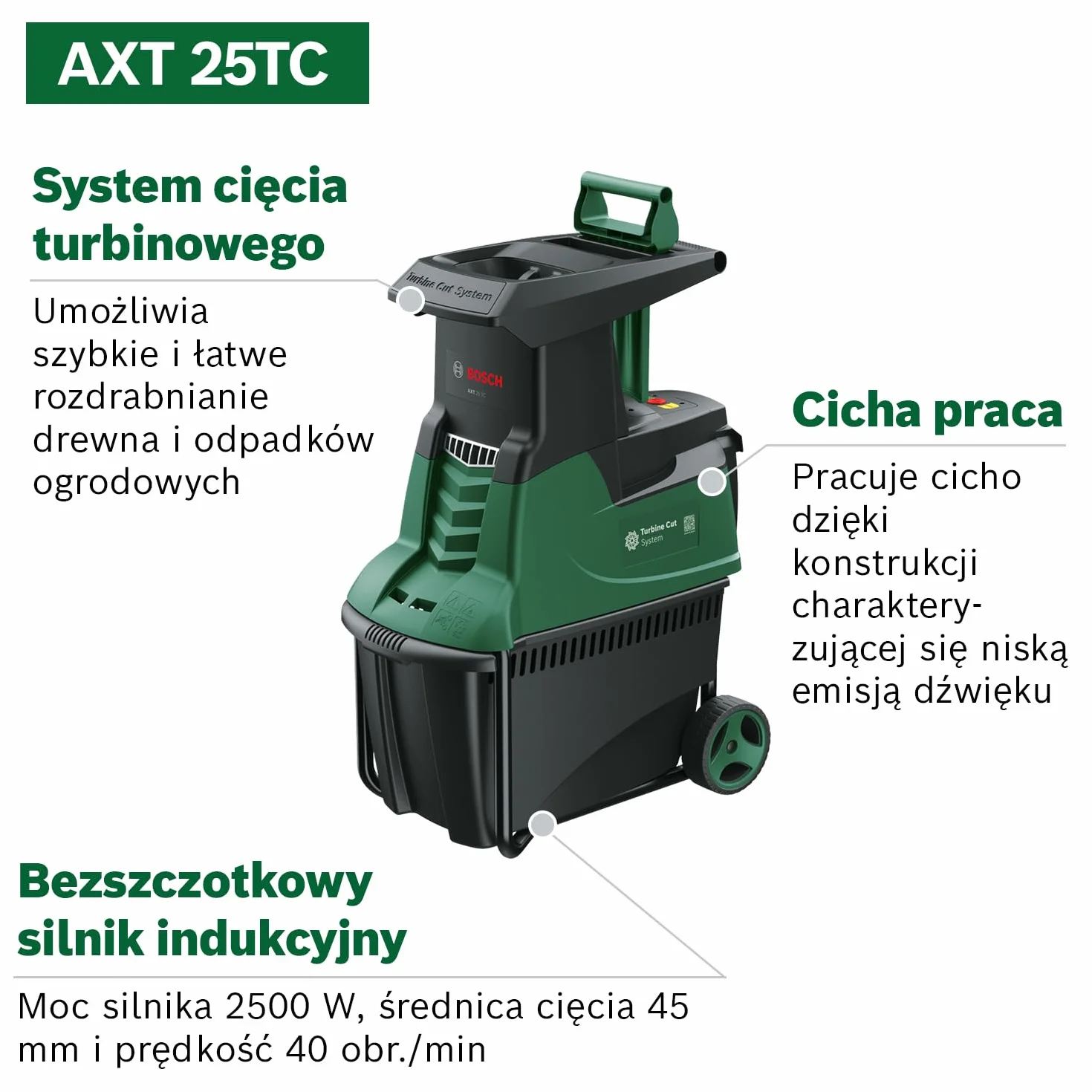 Bosch Rozdrabniarka ogrodowa Turbine Cut AXT 25 TC (2 500 W, do drewna i twardych odpadków ogrodowych, zawiera rękawice ogrodowe, zintegrowany zbiornik o pojemności 53 l) – Amazon Edition