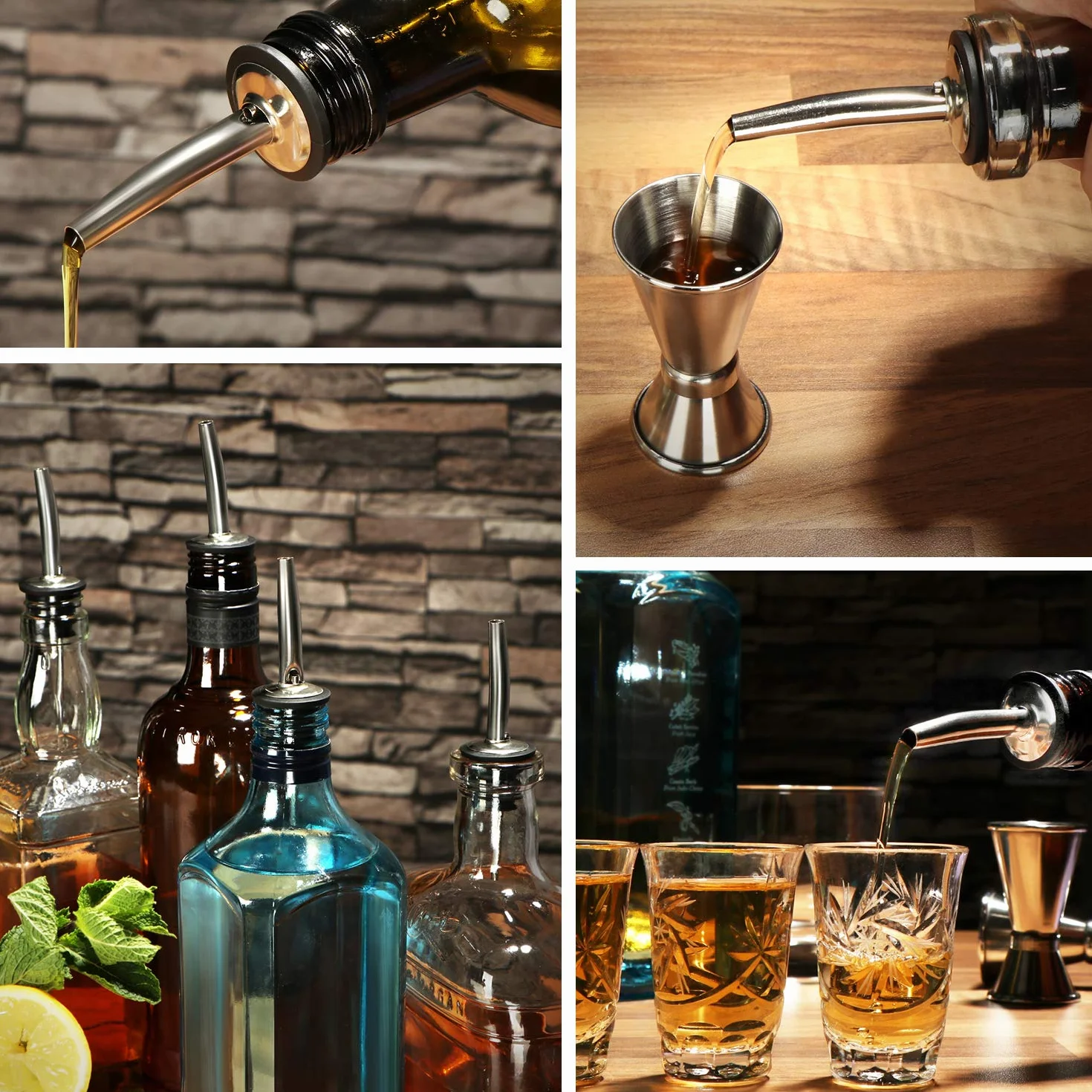 COM-FOUR® 6x Nalewaki do butelek z pokrywka – Dozownik ze stali nierdzewnej – Idealny do alkoholu, rumu, whisky, koktajli, octu i oleju (06 sztuk - srebrny - bez wieczka)