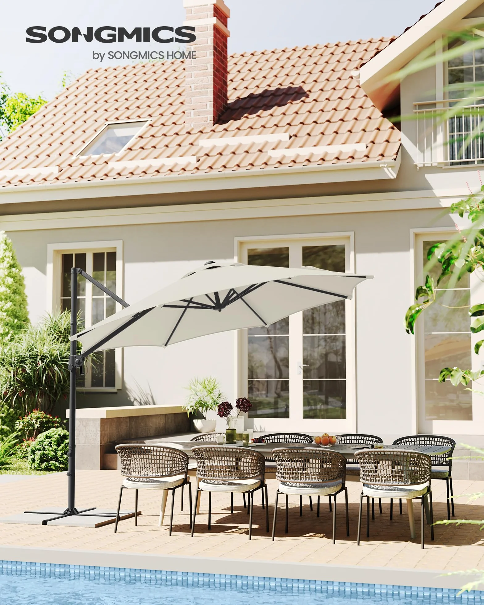 SONGMICS Parasol przeciwsłoneczny, 300 cm, UPF 50+, parasol ogrodowy, obracany o 360°, bezstopniowo regulowany kąt nachylenia, z korbą, stopka krzyżowa