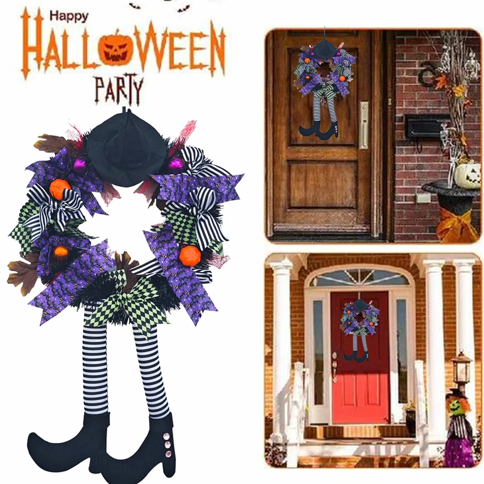 GWAWG Wieniec halloweenowy na drzwi wejściowe, dekoracje na drzwi halloweenowe, kapelusz czarownicy i nogi wiszące nogi dynia liść klonu dekoracja unikalna dekoracja, do drzwi domu na zewnątrz