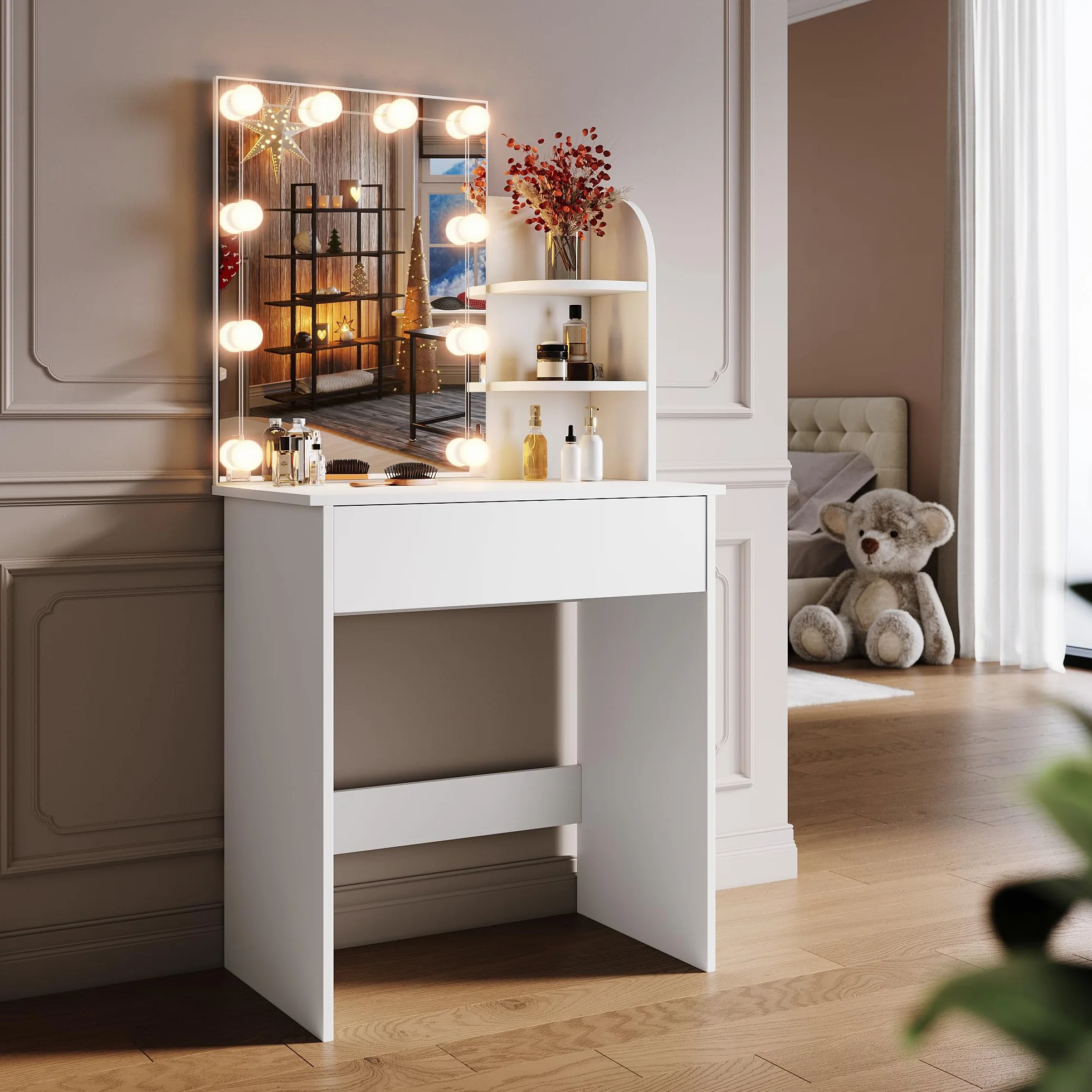 SONNI Toaletka z 10 oświetleniem LED i lusterkiem HD, z 10 stopniami regulacji jasności, 3 kolorami, toaletka z szufladami do sypialni, 3 otwarte przegrody, biała, 70x40x140cm