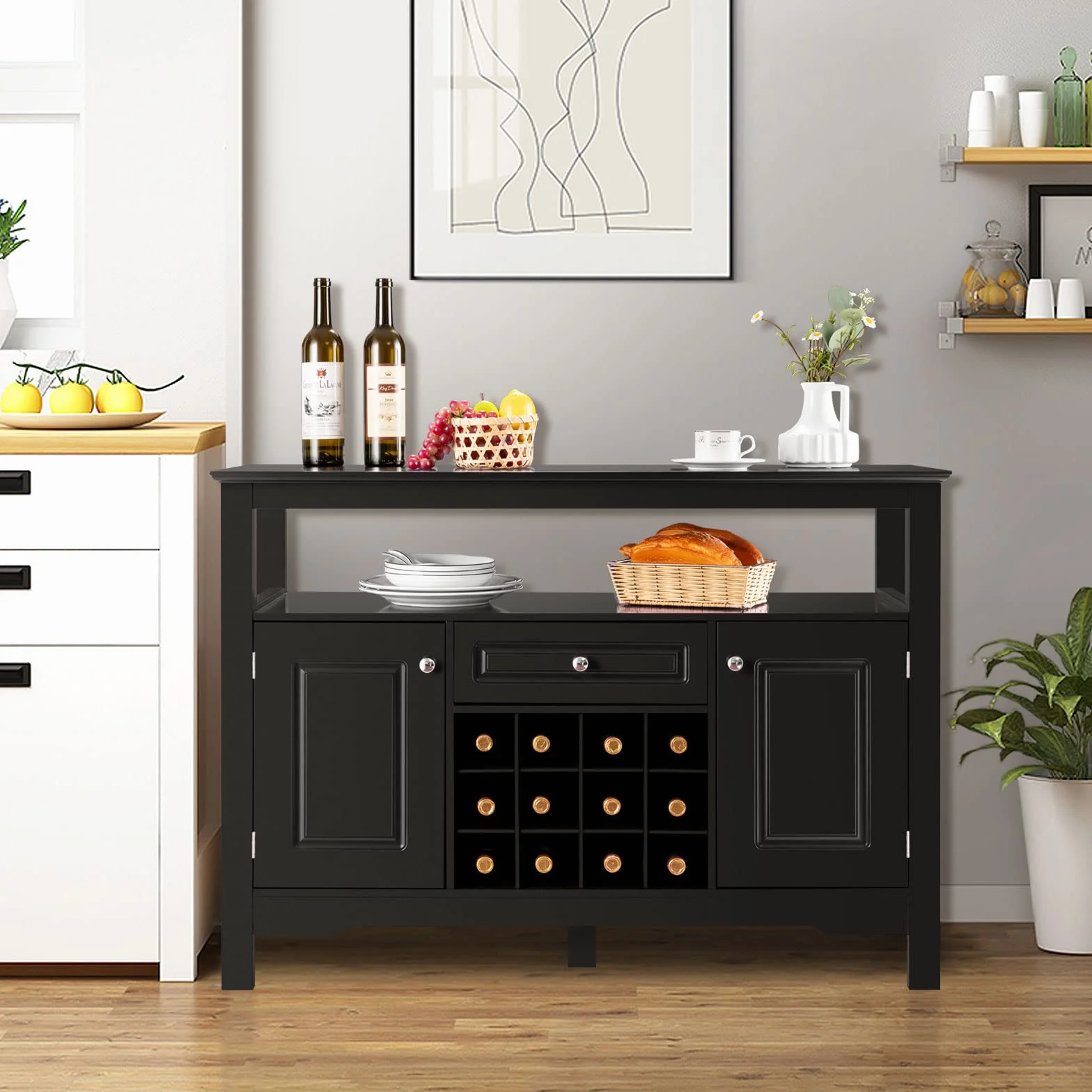 Giantex Stół na butelki, 2 półki, 12 butelek, piwnica z 1 szufladą i 2 drzwiami, Uchwyt na butelkę do przechowywania i wystawiania wina, 116x40x82cm, 3 kolory (czarny)