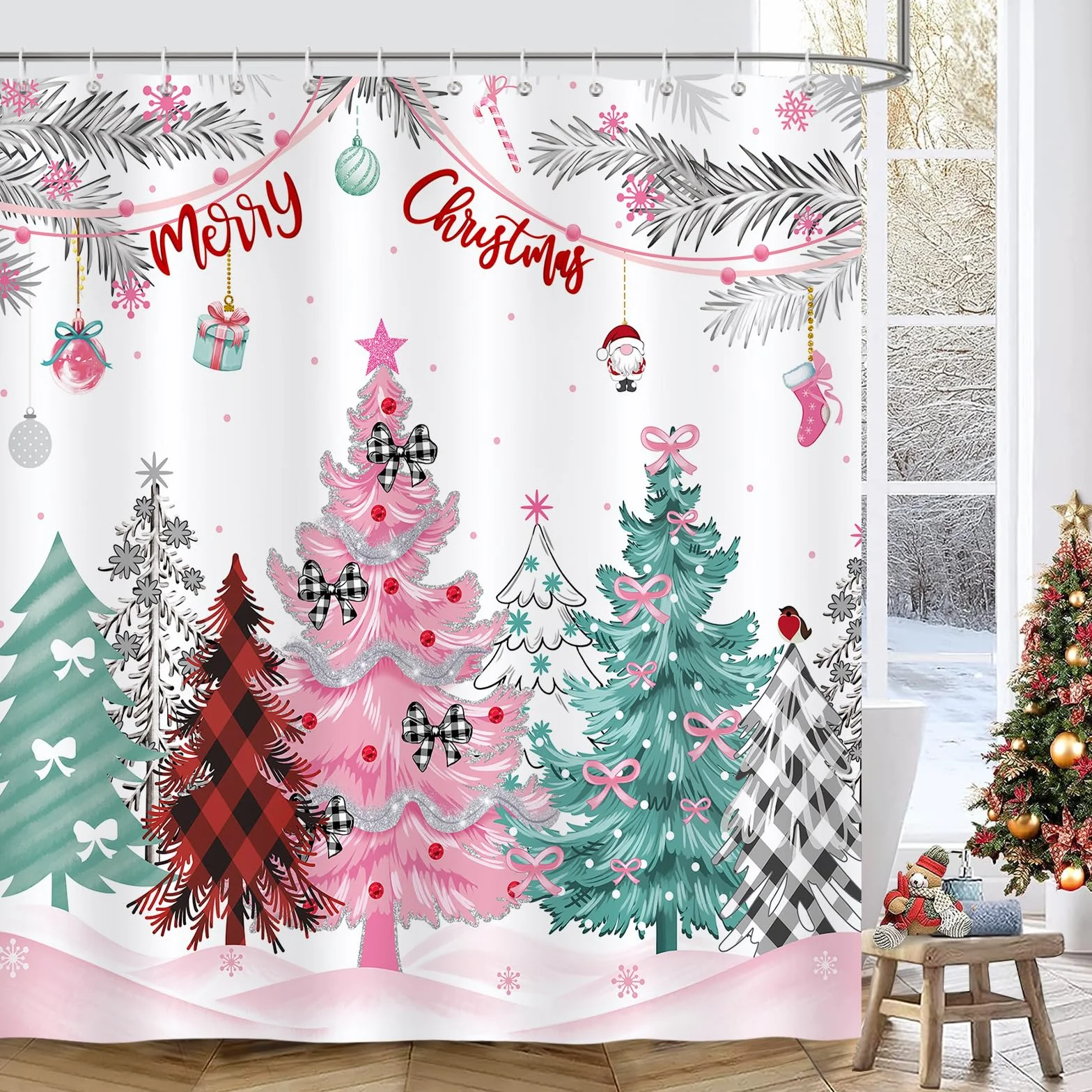 Bonhause Zasłona prysznicowa, na Boże Narodzenie, drzewo, pled, zima, sosna, różowa, do domu wiejskiego, 180 x 180 cm, odporna na pleśń, wodoszczelna, poliestrowa, nadaje się do prania, zasłona