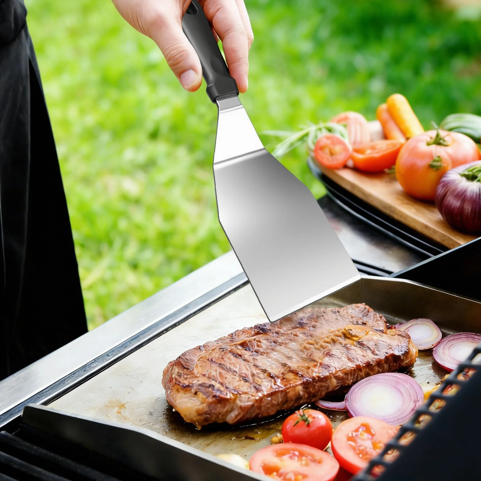 Nikou płyta grillowa ze stali nierdzewnej 40 x 30 cm, płyta grillowa Plancha z 2 łopatkami do grillowania na gaz i węgiel drzewny, uniwersalna płyta grillowa Plancha z łopatką do grillowania