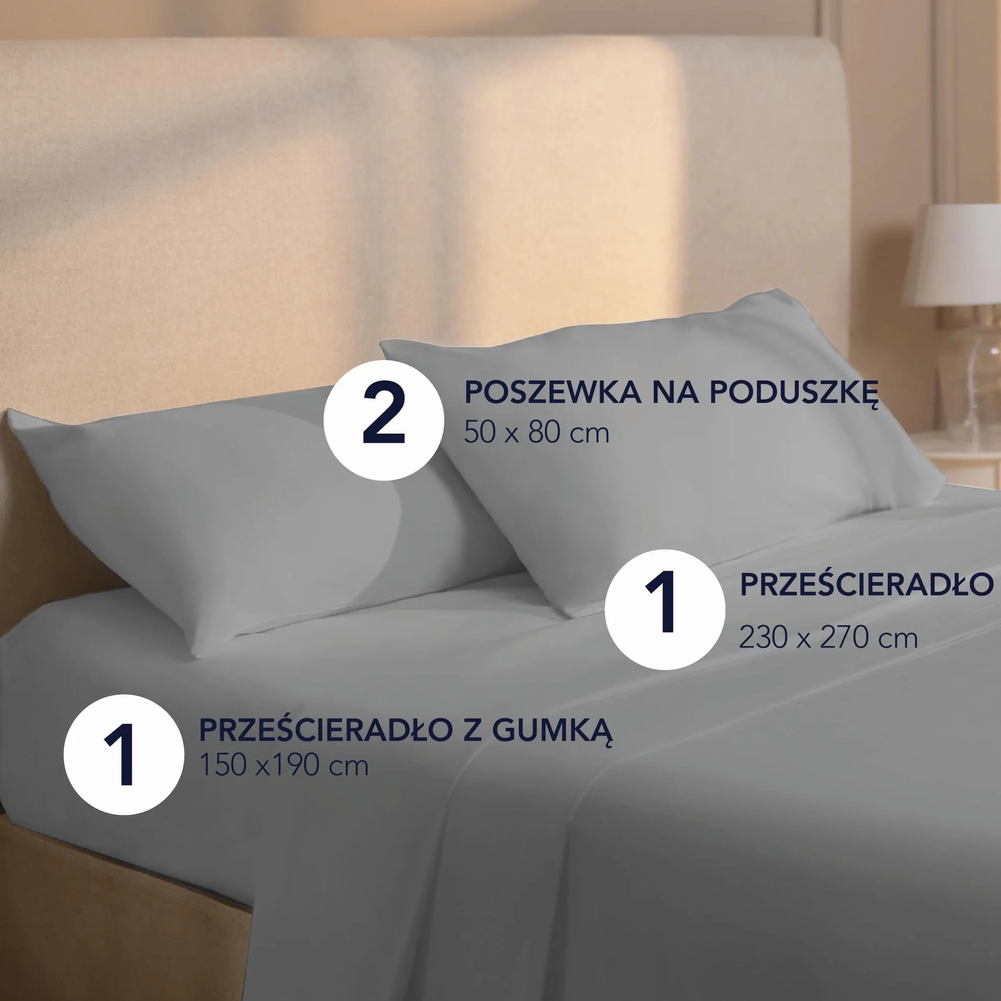 Zestaw pościeli Dreamzie 150x200 cm - 4 sztuki z mikrofibry - Prześcieradło 150x200 cm - Prześcieradło dla 2 osób 230x270 cm - 2 poszewki na poduszki 50x80 - Certyfikat Oeko Tex - Jasnoszary
