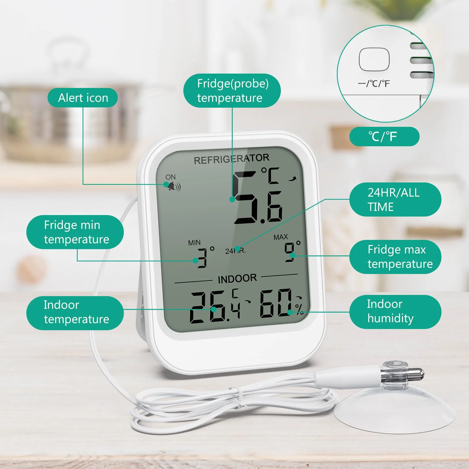 ORIA Cyfrowy termometr do lodówki z wodoszczelną sondą, termometr do zamrażarki, termometr wewnętrzny z wyświetlaczem LCD, alarm temperatury, wartość min/maks