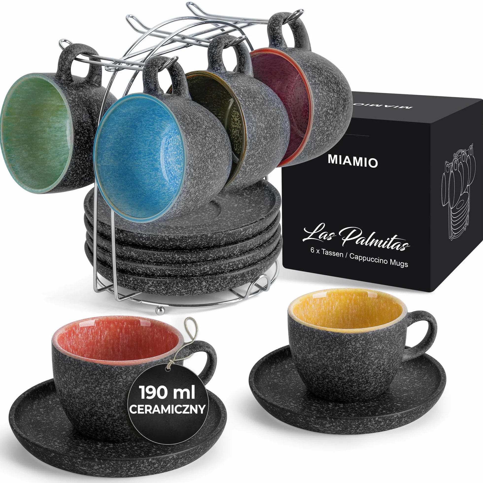 MIAMIO Ceramiczny kubek do cappuccino 190 ml zestaw 6 sztuk ze spodkami i metalowym stojakiem