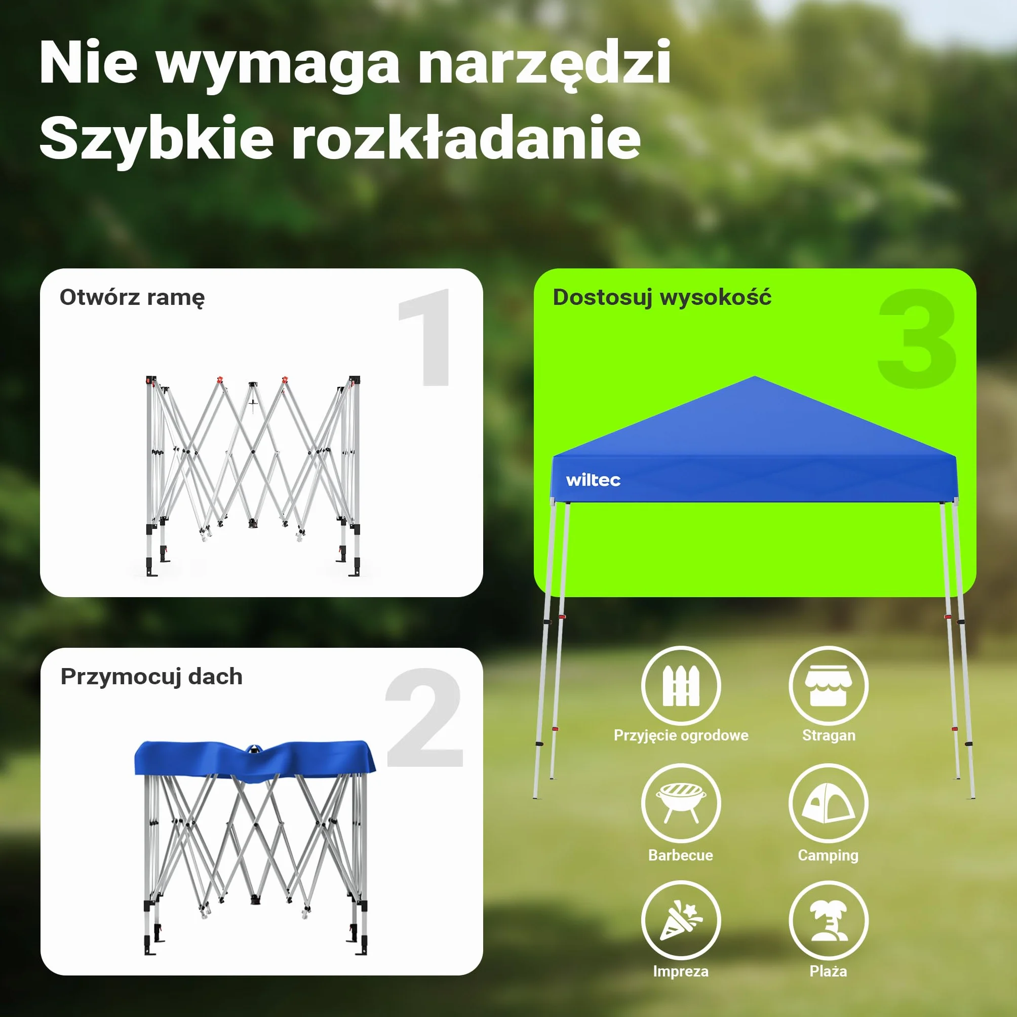 Wiltec Pawilon namiot imprezowy z zamknięciem centralnym do ogrodu wodoodporny niebieski 2,5 x 2,5 x 2,7 m