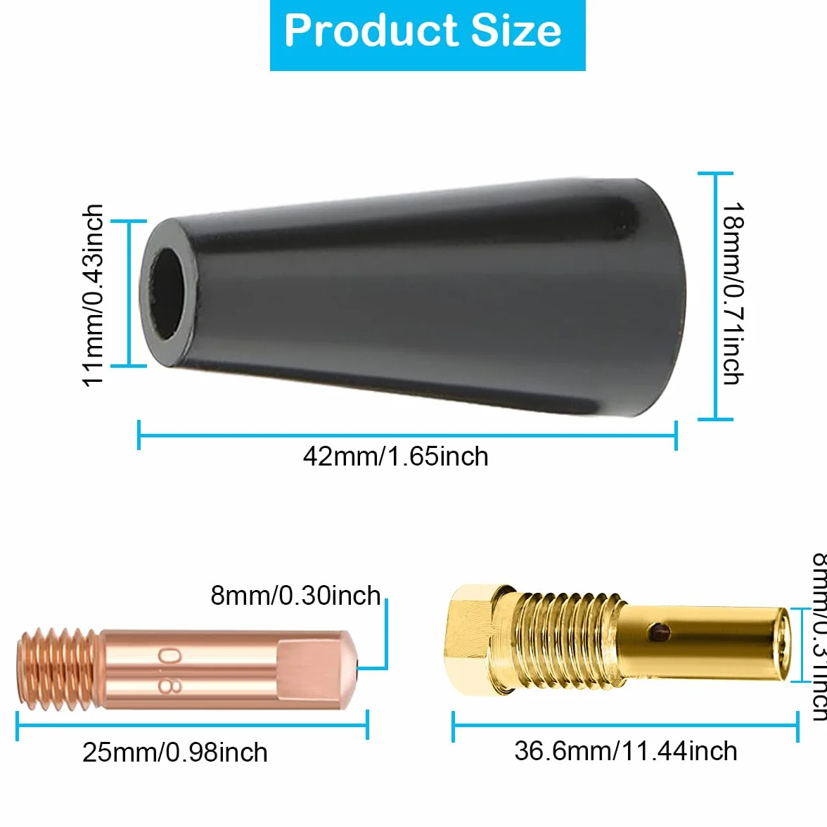 Zestaw akcesoriów spawalniczych, zestaw części eksploatacyjnych 14AK końcówka stykowa 0,8 mm 0,030" M6, 2 x rdzeń topnika | 2 x dysza | 10 x dysza prądowa do akcesoriów spawalniczych MIG 14AK