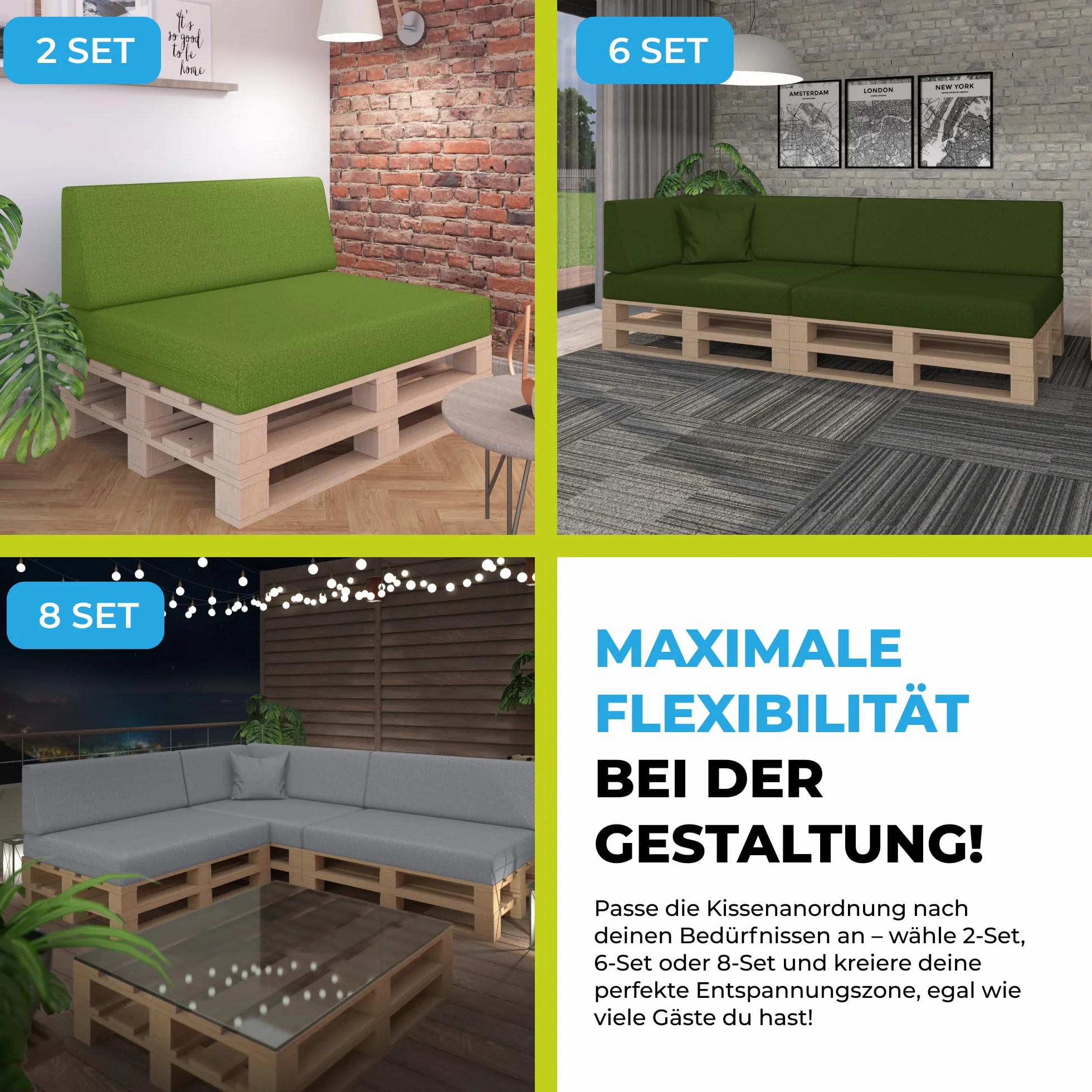 Zestaw 8 poduszek na palety | Siedziska i oparcia do mebli z europalet | Do ogrodu i wnętrz | Wodoodporne, z ochroną UV | Wyprodukowane w Polsce | Cappuccino