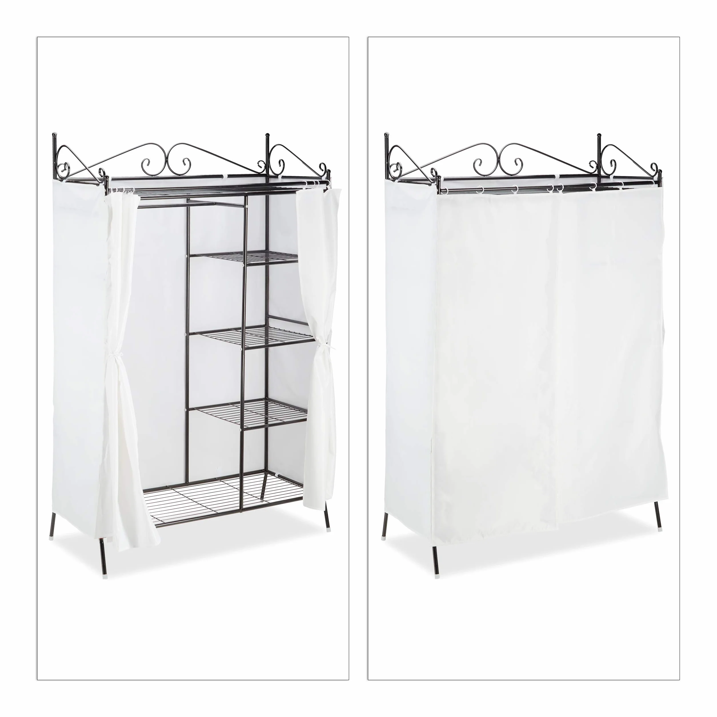 Relaxdays COUNTRY metalowy wieszak na ubrania 172 x 105 x 45 cm HxWxD, szafa w stylu country z zasłoną z tkaniny, czarno-biały