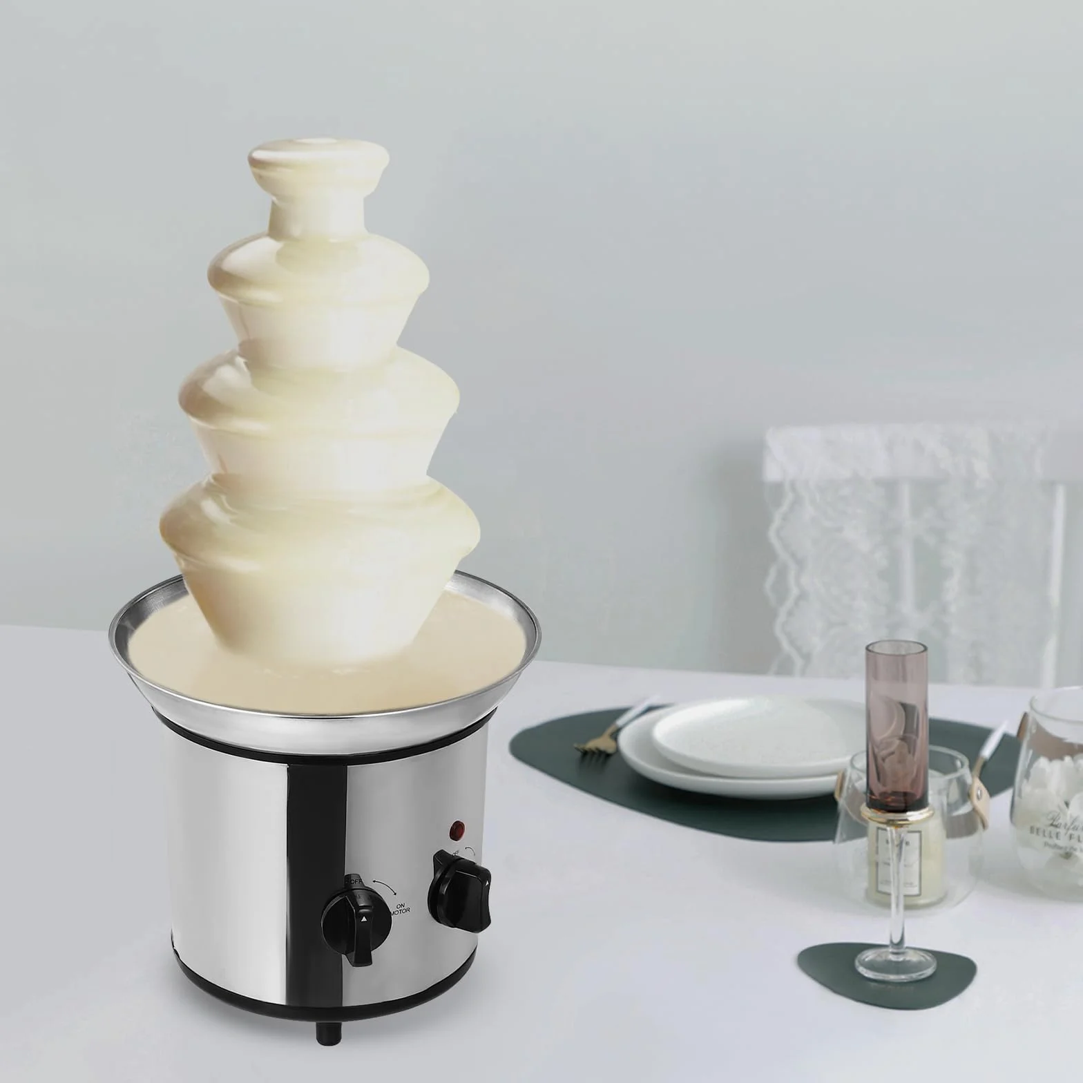 Elektryczna fontanna czekoladowa, 4 poziomy, 170 W, ze stali nierdzewnej, 1,8 l, fontanna czekoladowa, fondue, łatwa do czyszczenia, z funkcją topienia na imprezy