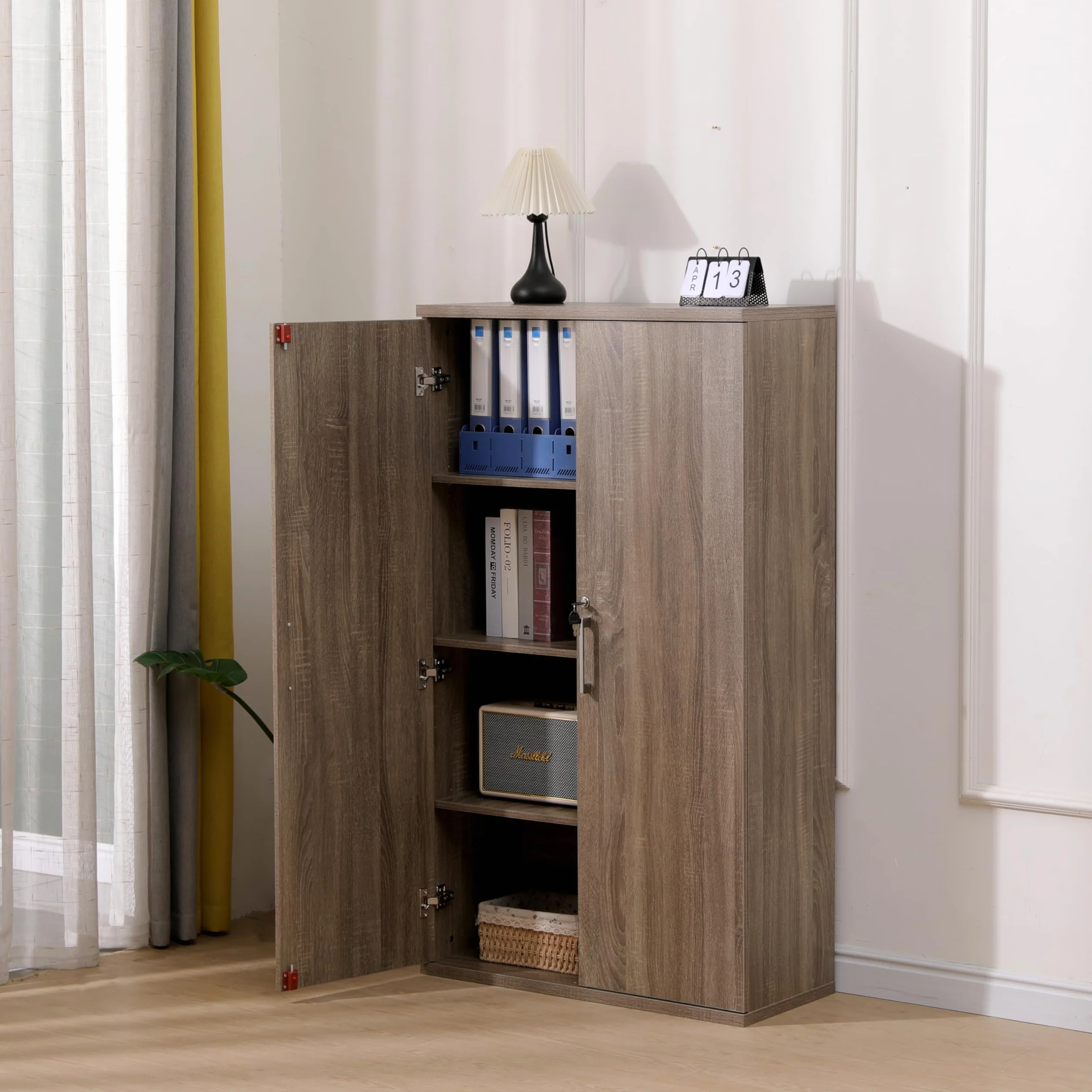 MMT Furniture Designs Ltd Dąb 2-drzwiowa zamykana szafka do przechowywania, 140 cm wysokości, organizer na narzędzia garażowe, biurowa szafka na dokumenty, z 3 półkami, ciemny dąb