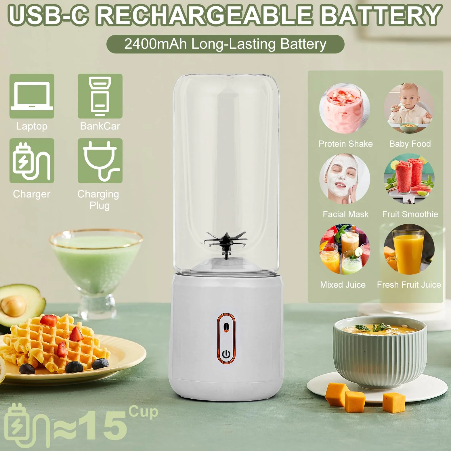 Euakee Przenośny blender 500 ml Mini blender USB z akumulatorem do świeżych soków i koktajli, przenośny mini blender z 7 ultra ostrymi ostrzami, do domu, biura, podróży, siłowni