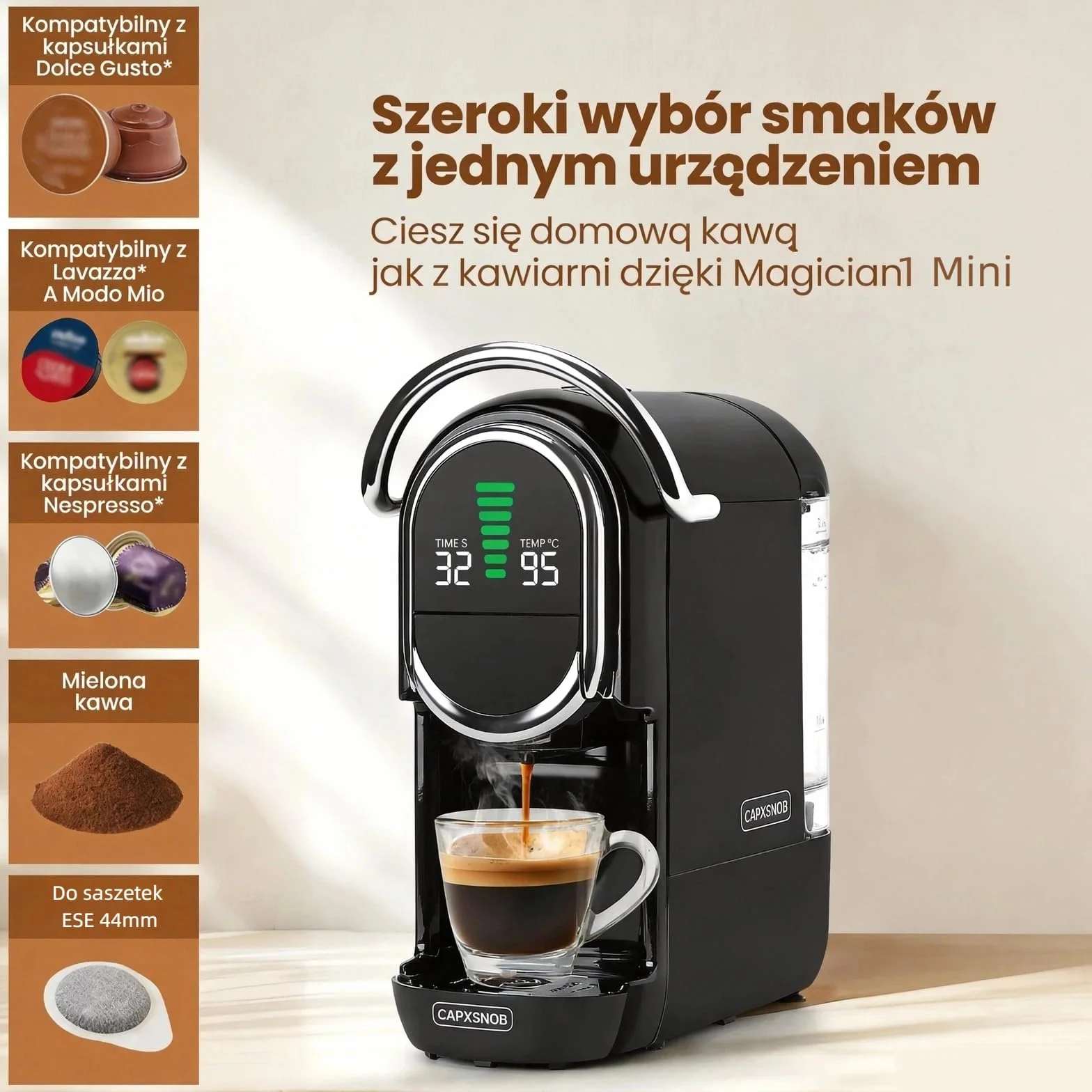 Magician1 Mini Multikapsułkowy Ekspres do kawy 5 w 1, do Nespresso, Dolce Gusto, Lavazza A Modo Mio, Saszetki ESE 44mm i Kawy Mielonej, 20 Barów Włoska Pompa,1450W, Wyświetlacz LED, do Domu i Biura
