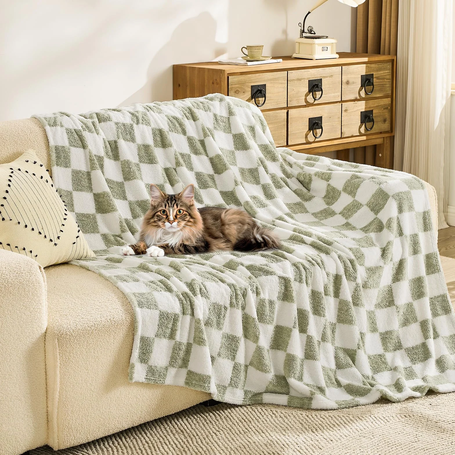 EMME Koc w kratę twin size 150 x 200 cm – zielony, miękki i puszysty koc dzianinowy z wzorem na kanapę, sofę, fotel, łóżko, do campingu, na piknik i w podróż