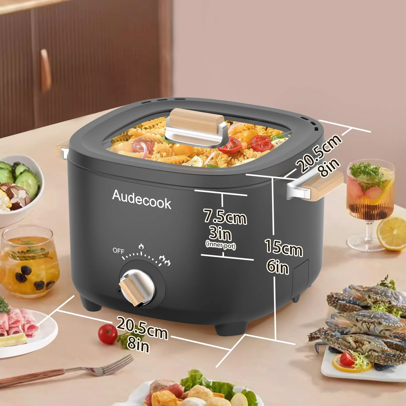Audecook Elektryczny garnek do gotowania na gorąco, pojemność 2,5 l, przenośna kuchenka wielofunkcyjna dla 1-3 osób, powłoka zapobiegająca przywieraniu o strukturze plastra miodu, elektryczny garnek