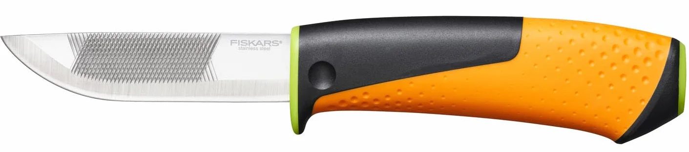 Fiskars Nóż profesjonalny wraz z kaburą z wbudowaną ostrzałką, Długość całkowita: 21,9 cm, Czarny/ pomarańczowy/ zielony, 1023619