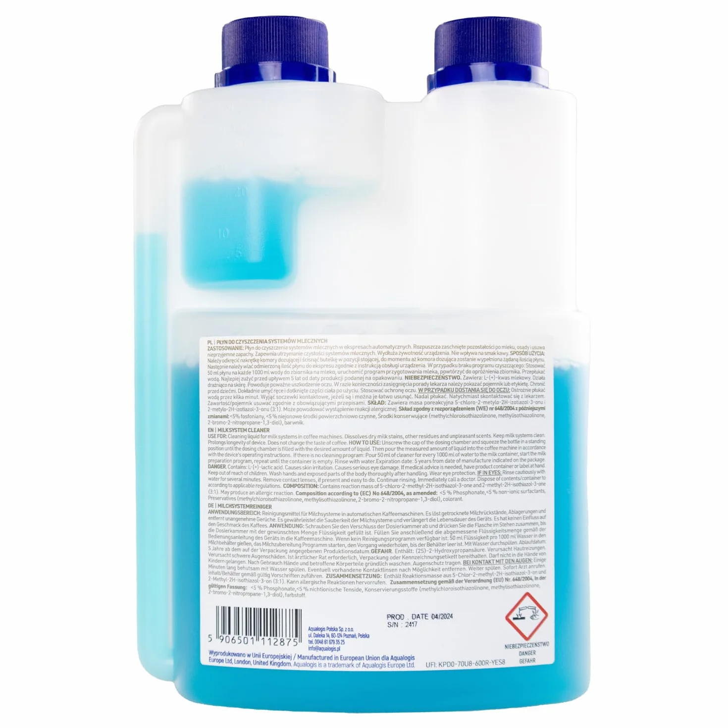 Aqualogis Płynny płyn do czyszczenia pozostałości mleka do ekspresów do kawy, systemów i urządzeń - 500 ml - gospodarstwo domowe, domowe i komercyjne 0,5 l