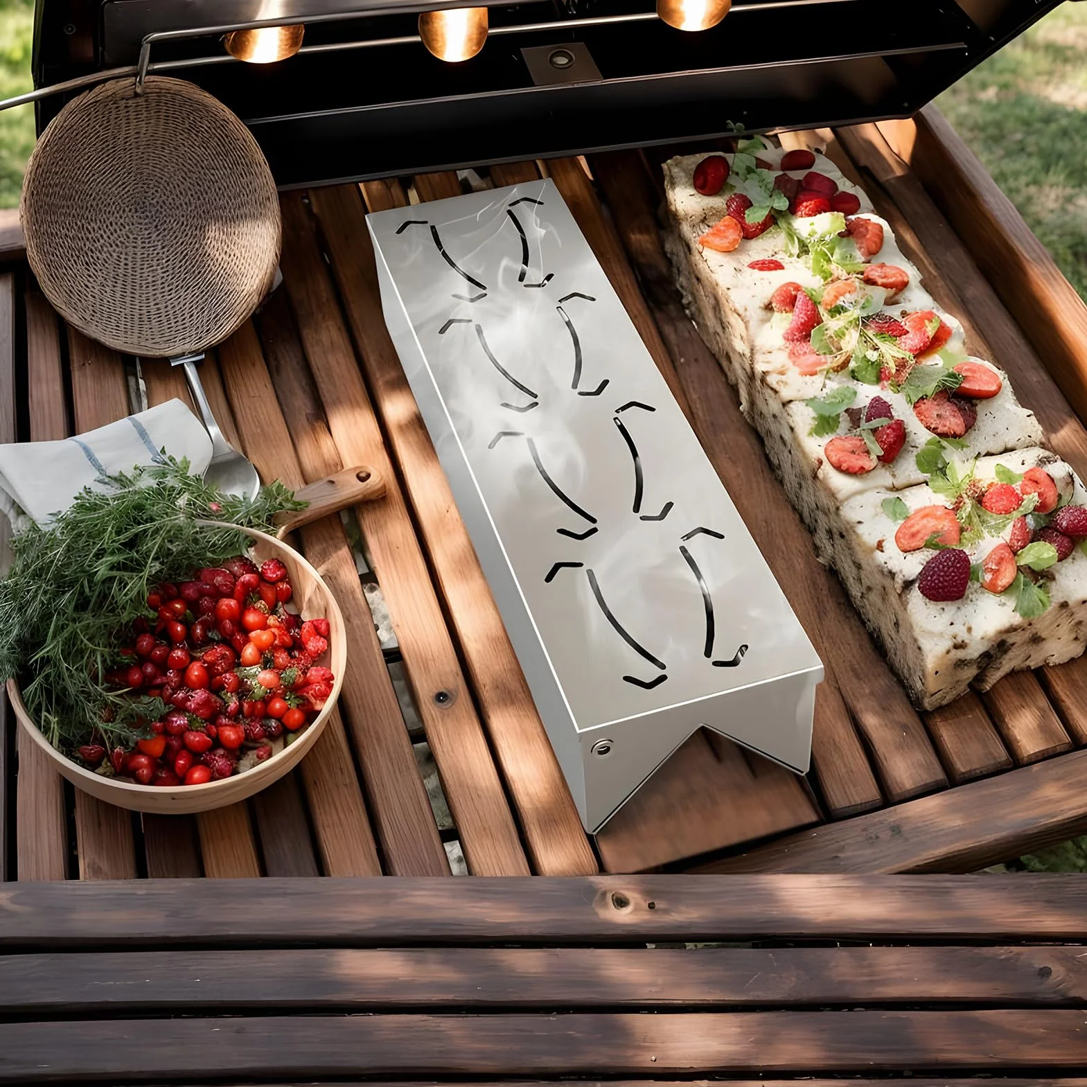 Skrzynka do wędzenia, pojemnik na wiórki do BBQ, stal nierdzewna, 30x8x6cm, zawiasowa pokrywa, konstrukcja ze stali nierdzewnej, łatwa w użyciu, idealna do grilli gazowych, węglowych i elektryc