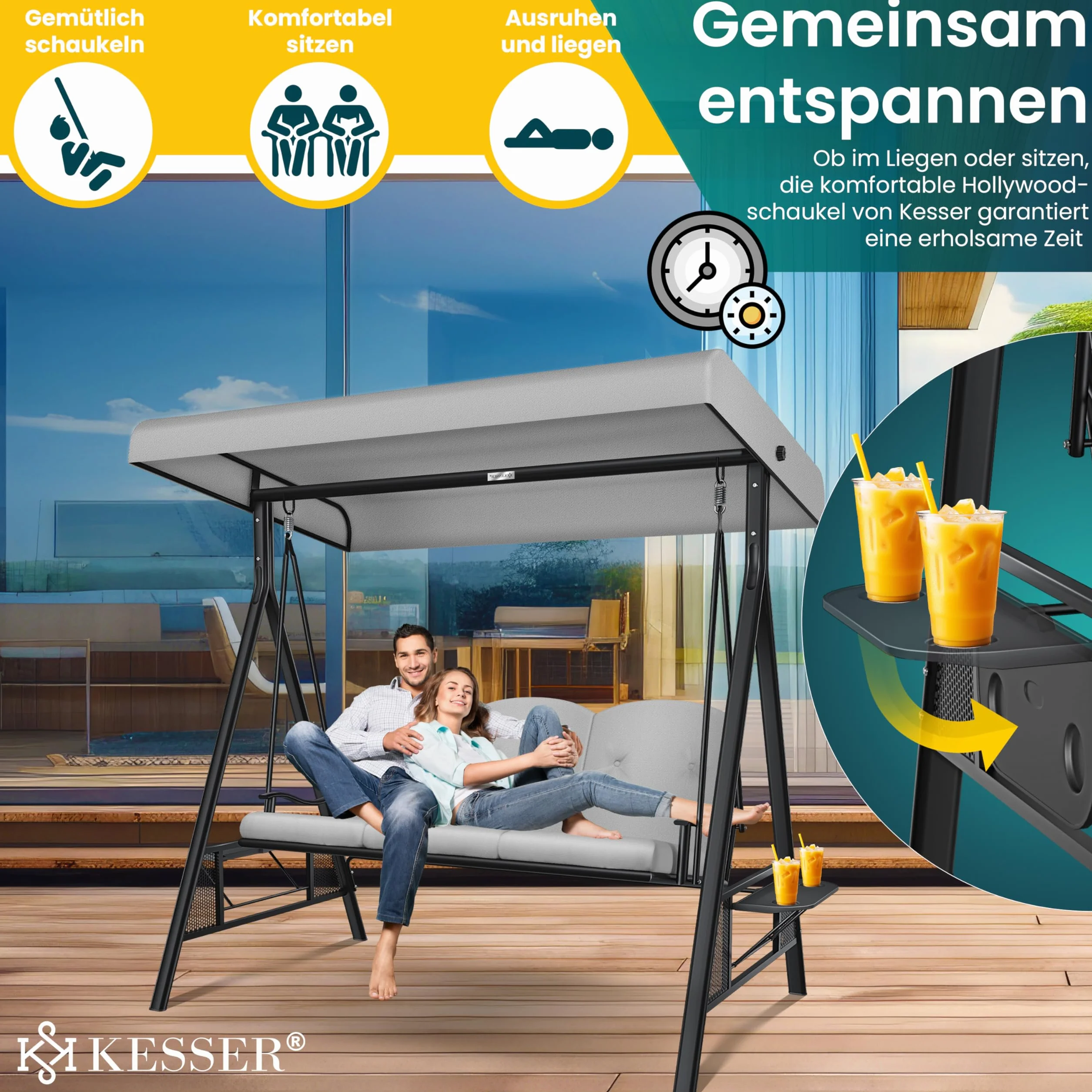 KESSER® Huśtawka ogrodowa z dachem przeciwsłonecznym 3-osobowa i nakładka na siedzisko | huśtawka ogrodowa o obciążeniu do 360 kg | leżak ogrodowy z antypoślizgowymi nóżkami | ławka huśtawka odporna