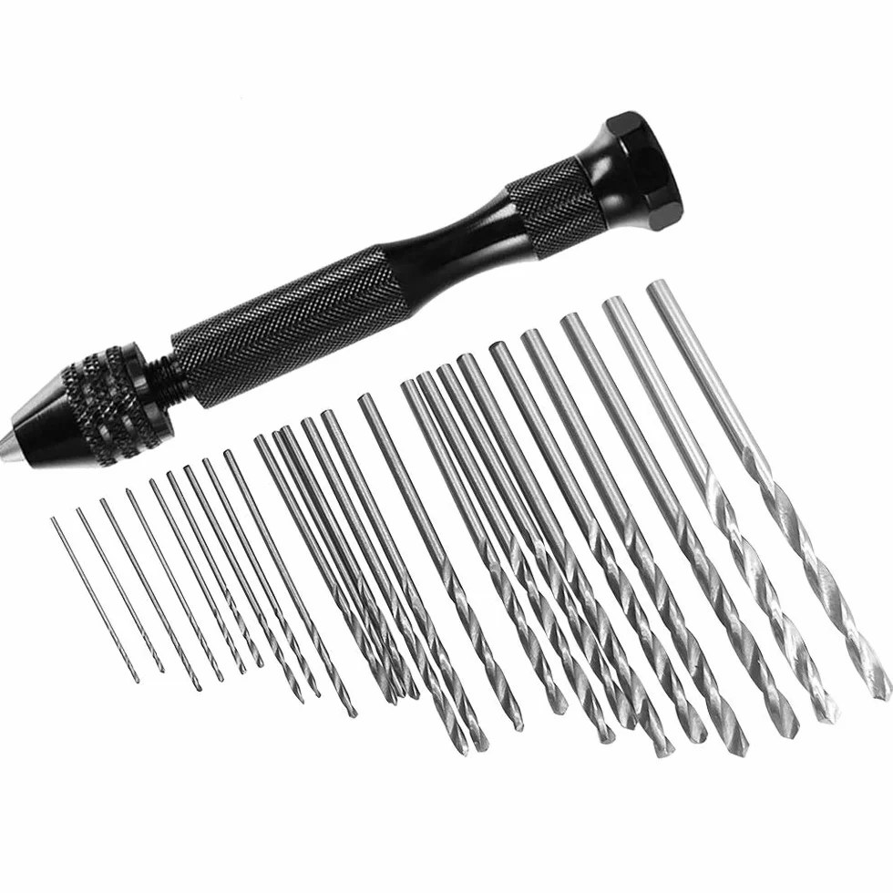 FineGood 25 sztuk wierteł ręcznych, 24 szt. mikro mini wierteł spiralnych (0,6-3 mm) z 1 szt. imadła pinowego narzędzia obrotowe do drewna, biżuterii, tworzywa sztucznego