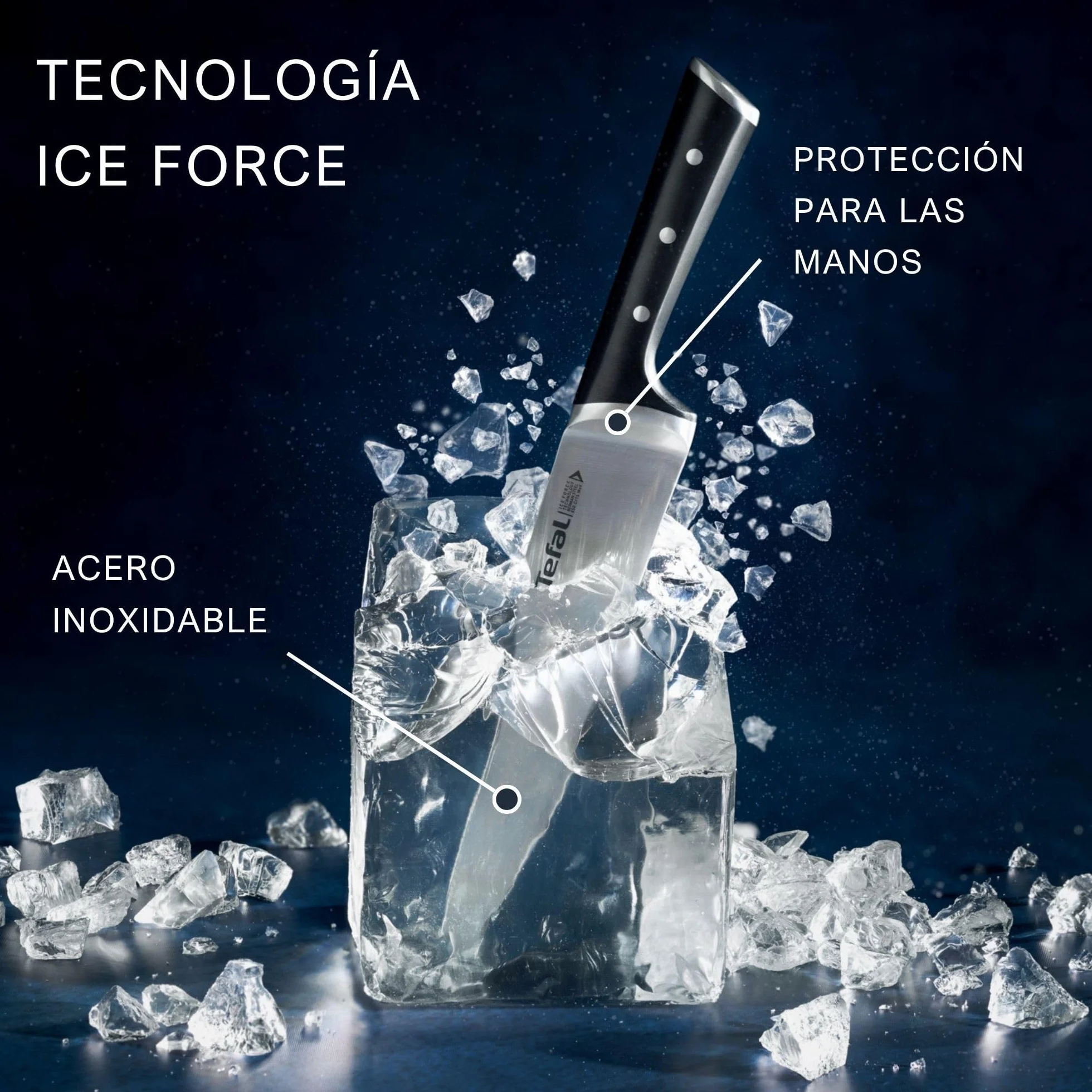 TEFAL Ice Force K232S574, Zestaw 5 noży w drewnianym bloku, Wyjątkowa trwałość i skuteczność, Nóż szefa kuchni 20cm, Nóż do chleba 20cm, Nóż Santoku 18cm, Nóż uniwersalny 11cm, Nóż do warzyw 9cm